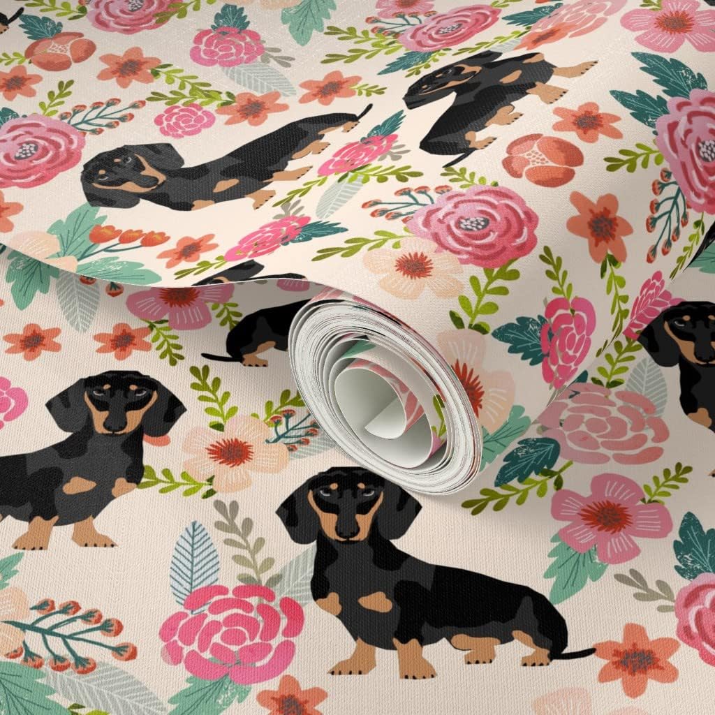 Peel & Stick Wallpaper Swatch - Flowers Florals Dachshund Dachshunds Dog Cute Pet Baby Girls Sweet Weiner Wiener Puppy Lover Animal Custom Removable Wallpaper by Spoonflower
