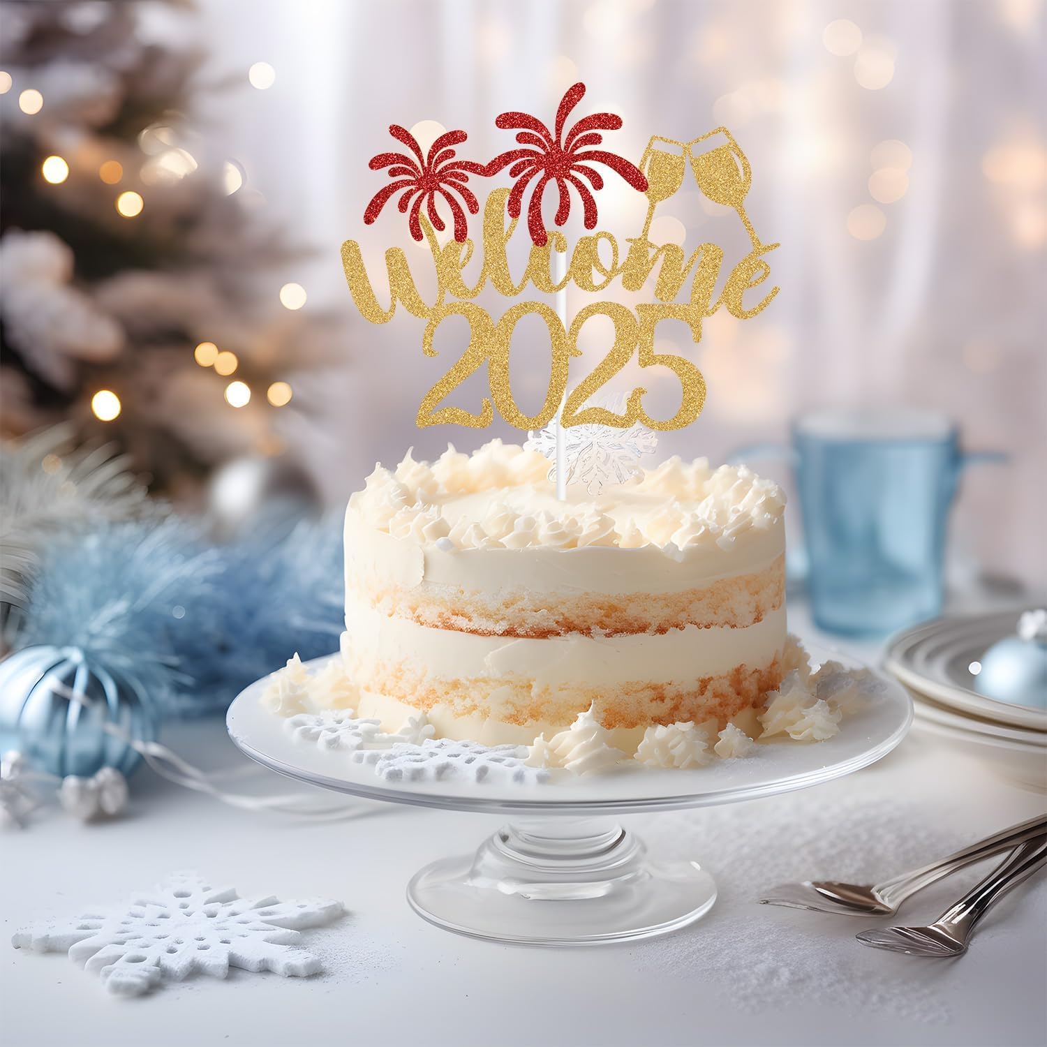 Festiko Welcome 2025 Cake Topper (Red, Gold), Happy New Year Cake Topper, New Year Party Decoration, New Years Eve Party Supplies