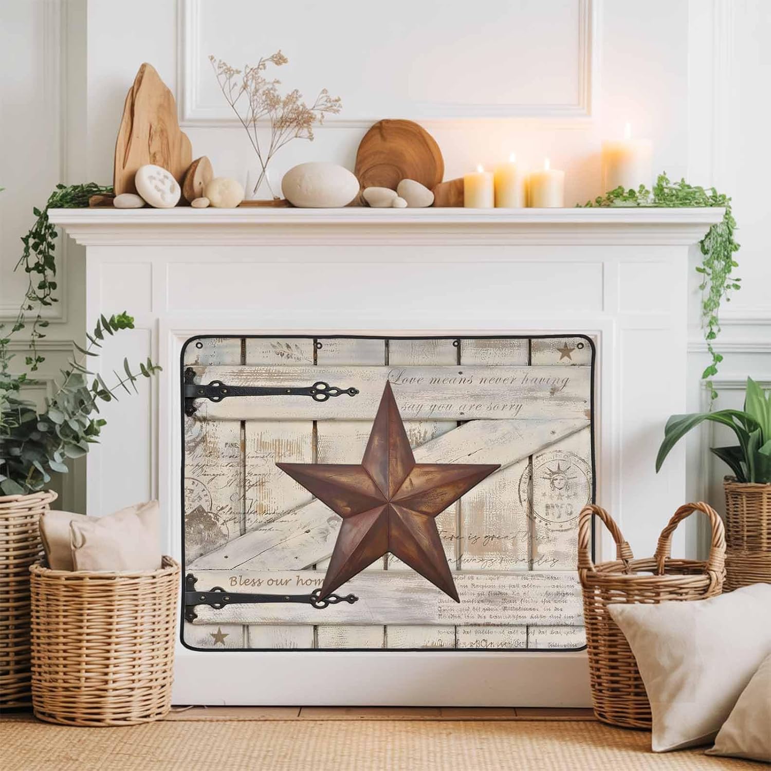 Magnetic Fireplace Cover Rusty Barn Star Doors Fireplace Screen Decorative Brown Retro Rustic Walls Insulation Fireplace Blocker Save Energy Fireplace Draft Stopper Covers for Living Room 39x32 Inch