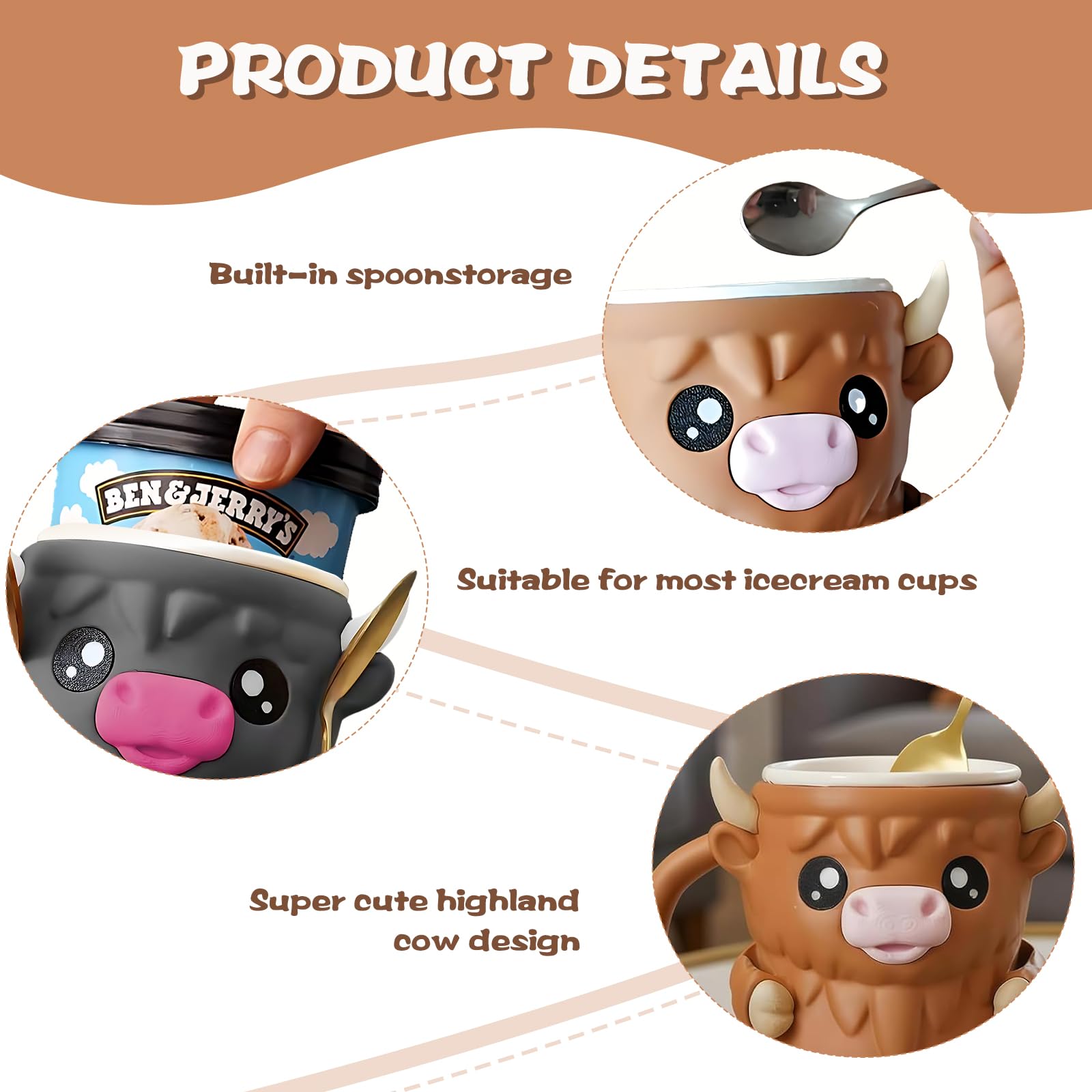 2 Stück Highland Cow Ice Cream Holder,Bezauberndes Eisbecher Halter,3d Printing Eiscreme Pint Halter,Inklusive 4 Löffeln,Geeignet Für Den Hausgebrauch,Picknicks,Partys Und Camping
