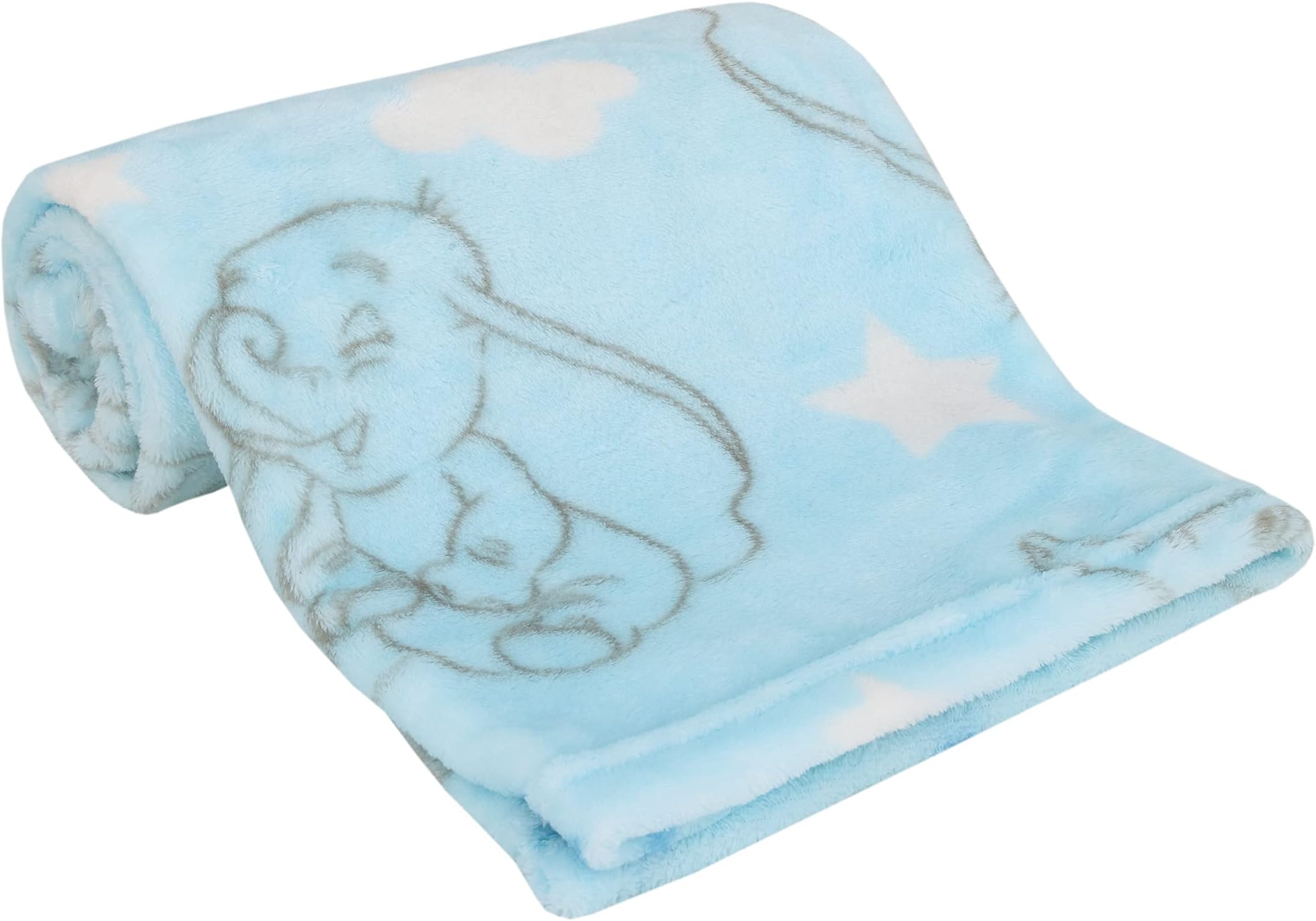 Disney Dumbo Pastel Blue, Grey & White Clouds & Stars Super Soft Baby Blanket, Light Blue, Grey, White