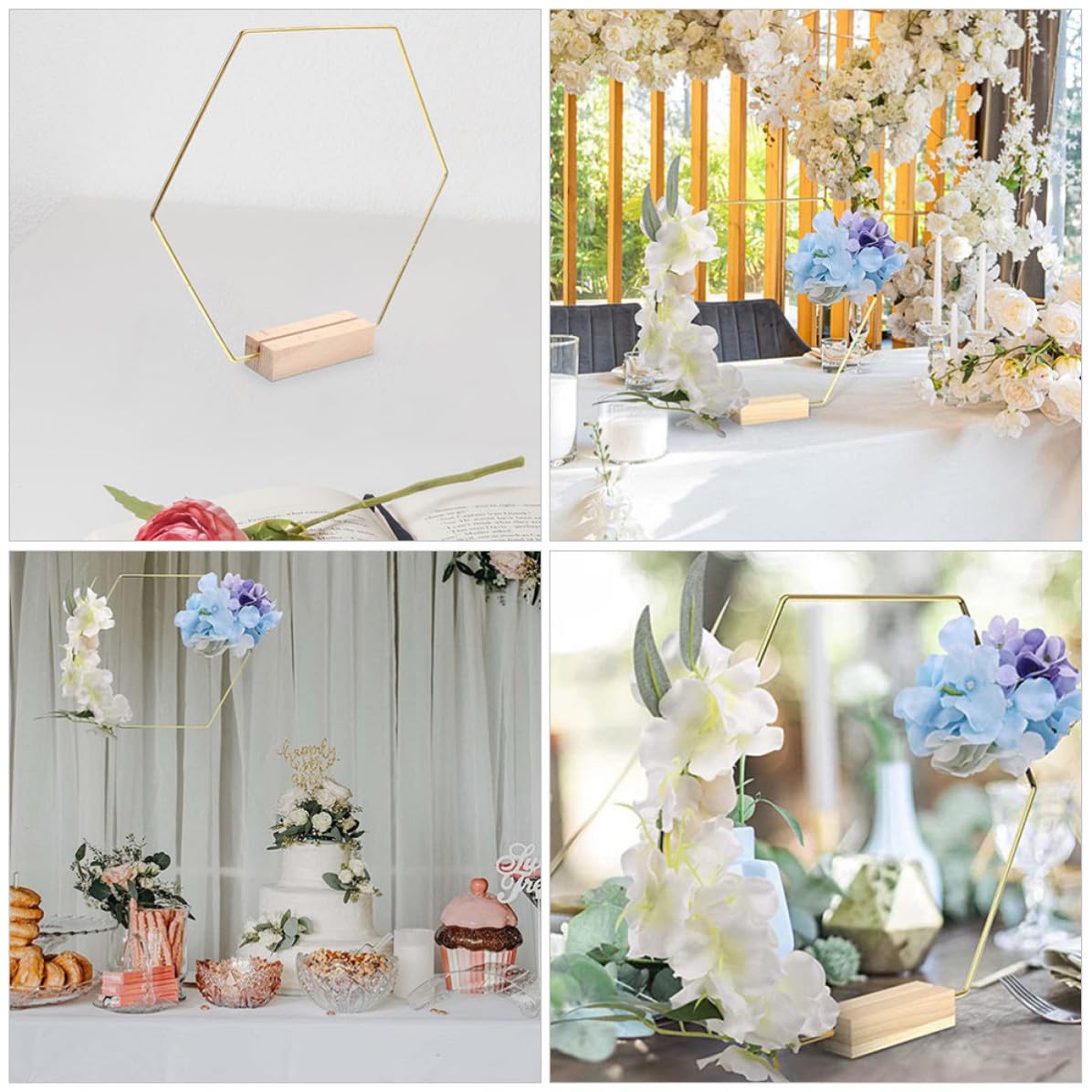 PLAFOPE 10 Piezas Aro de Metal Hexagonal con Base, Dorado, de Metal y Madera, Centro de Mesa para Boda y Manualidades DIY, para Decoración de Mesas