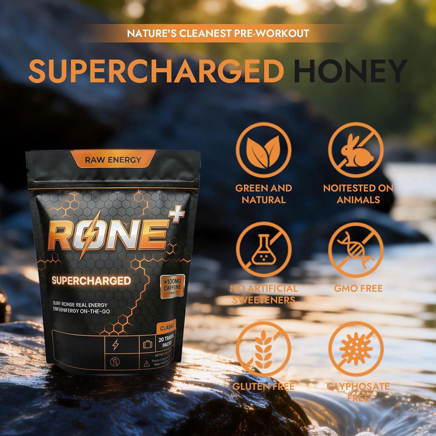 Rone Honey Packets – 100% Pure Natural Honey with Lion’s Mane Mushroom & Himalayan Pink Salt – Energy, Focus & Daily Hydration Support – 20 Pack