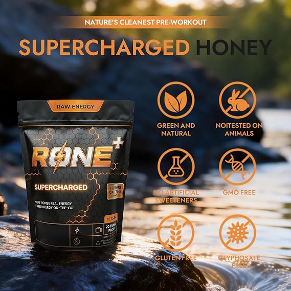 Rone Honey Packets 100% Pure Natural Honey with Lions Mane Mushroom & Himalayan Pink Salt Energy, Focus & Daily Hydration Support 20 Pack
