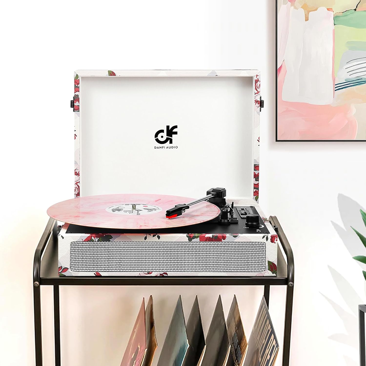 DANFI Floral Bluetooth Record Player with Built-in Speakers,USB Recording,3-Speed Portable Vintage Turntable