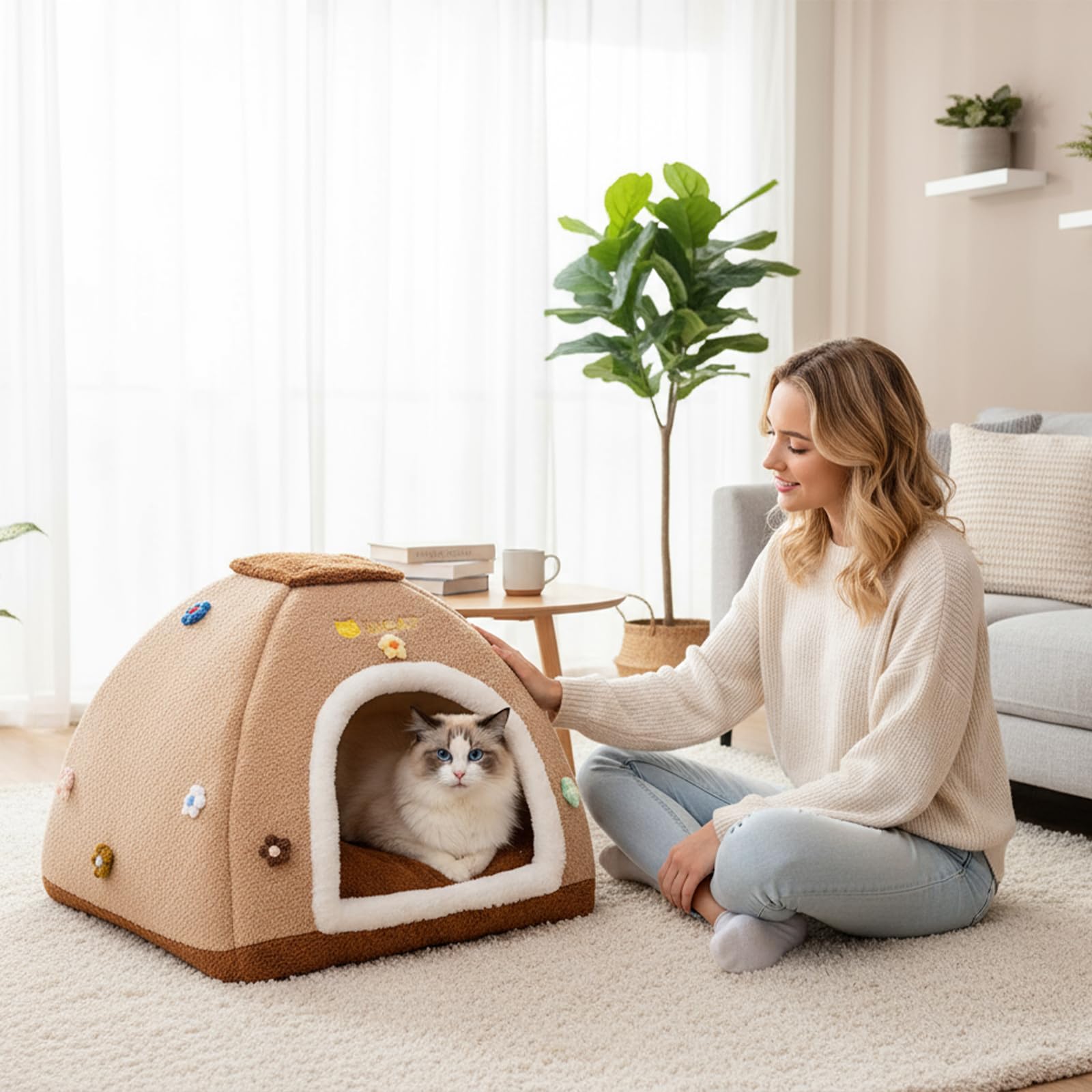 Galatée Cuccia Per Gatti, Cuccia Calda e Carina Per Gatti, Tenda Morbida Con Cuscino Rimovibile, Comodo Letto Per Cani, Letto Comodo Per Cucciolo, Gattino e Coniglio(XL, Marrone)