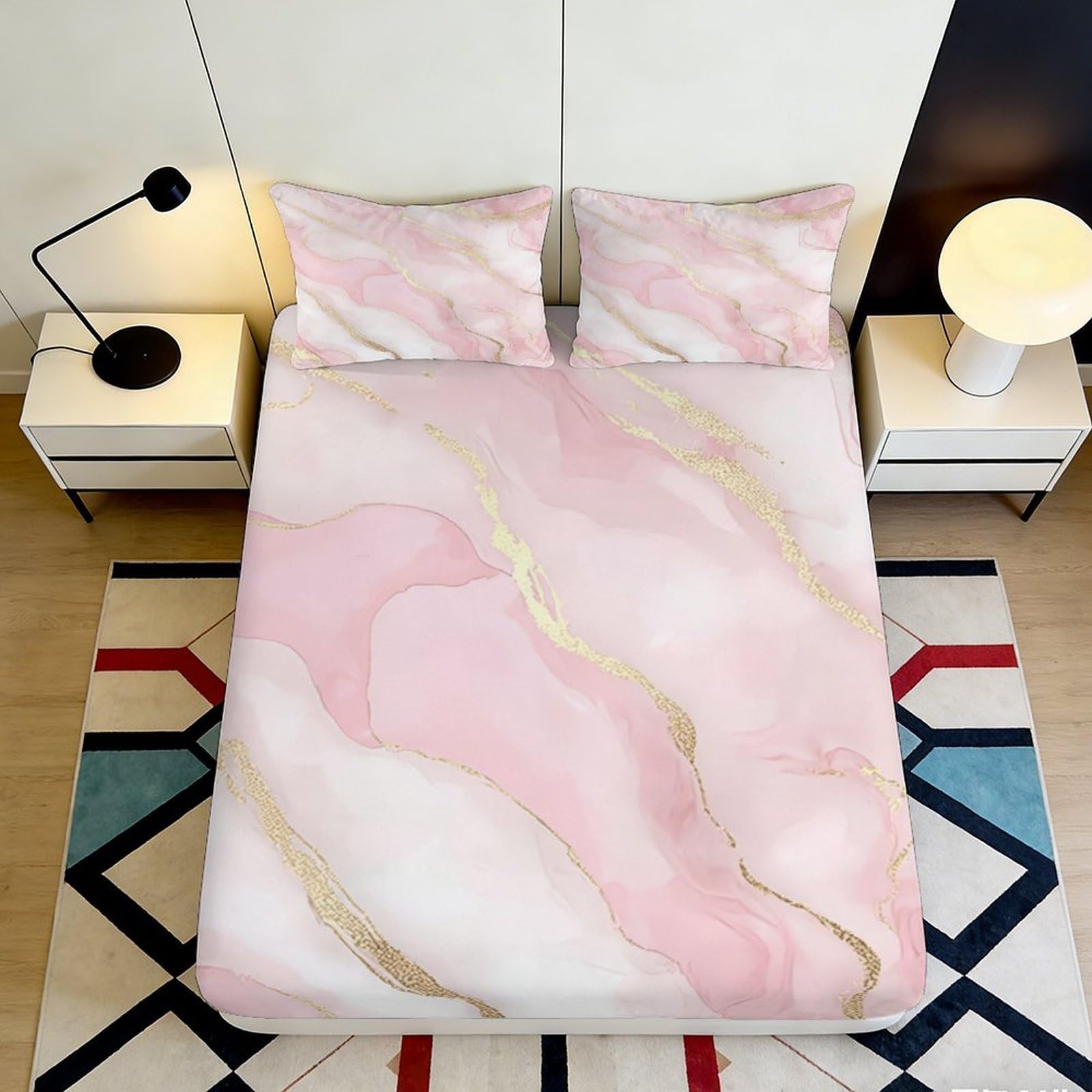 3D Printed Pink Marble Fitted Sheet Microfiber Soft Non Slip Gold Vein Bed Cover for Bedroom Guest Room Easy Care 180x200x25cm