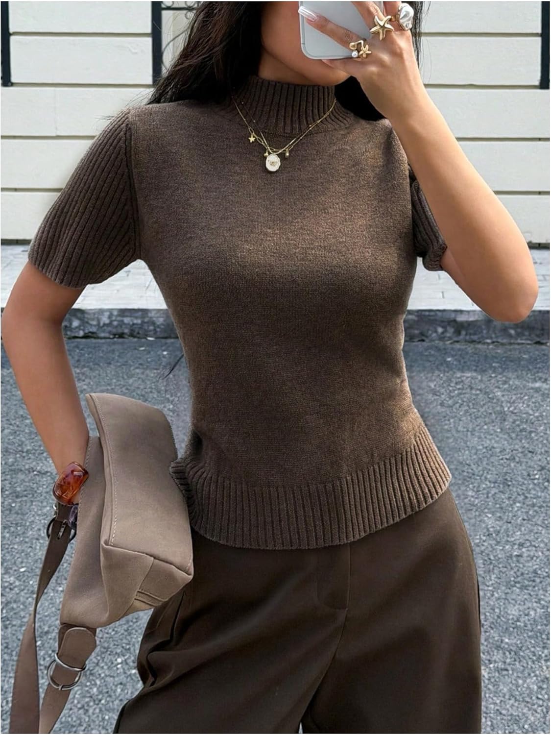 GORGLITTER Women's Cropped Short Sleeve Sweater Dressy Cozy Mock Neck Lightweight Casual Pullover Knit Top Spring Clothes - Image 4