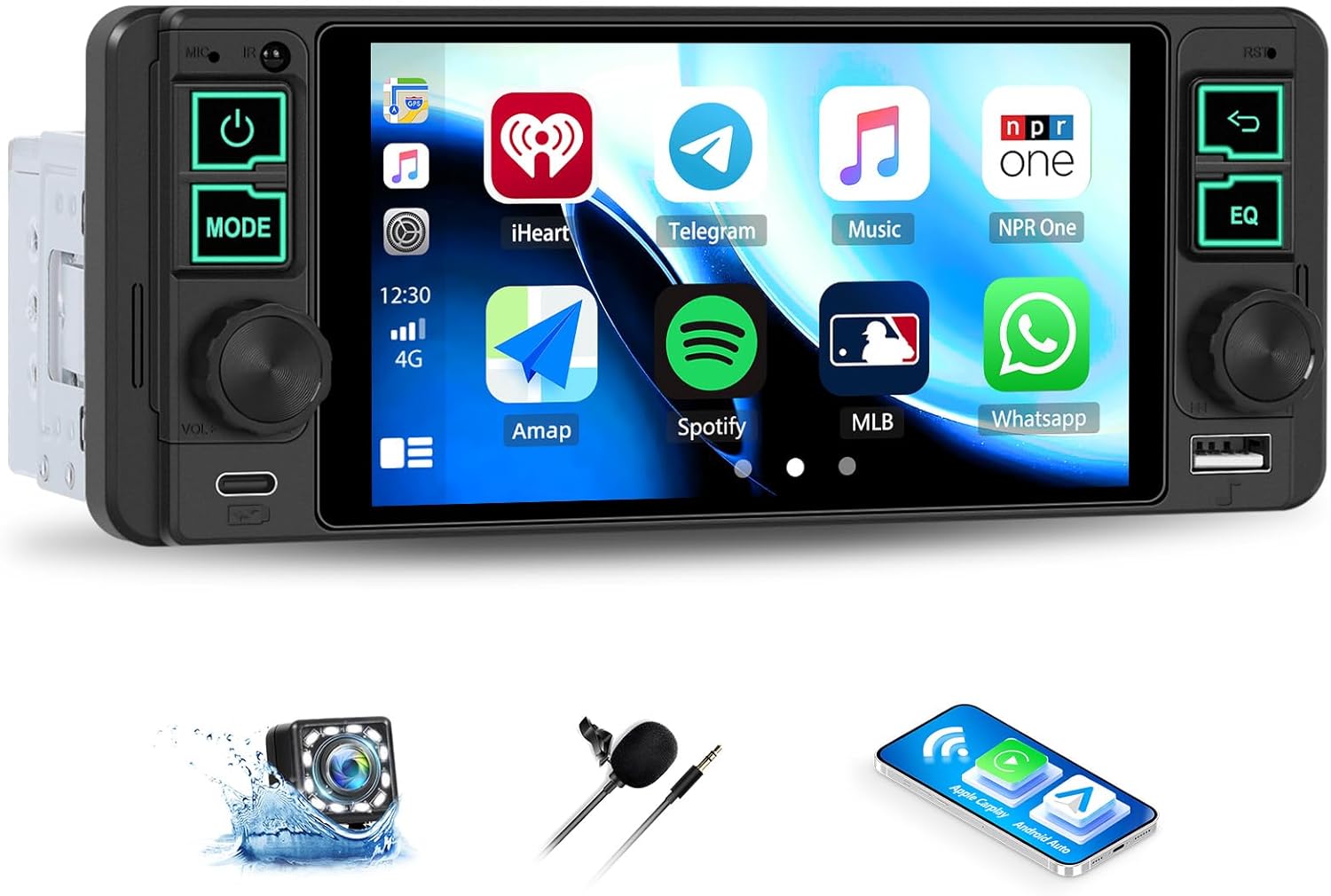 Single Din Car Radio with Wireless CarPlay & Android Auto,5.1 Inch HD IPS Touchscreen Single Din Stereo with Bluetooth Backup Camera,1 Din Car Radio Supports Bluetooth/SWC/FM Radio/USB/TF