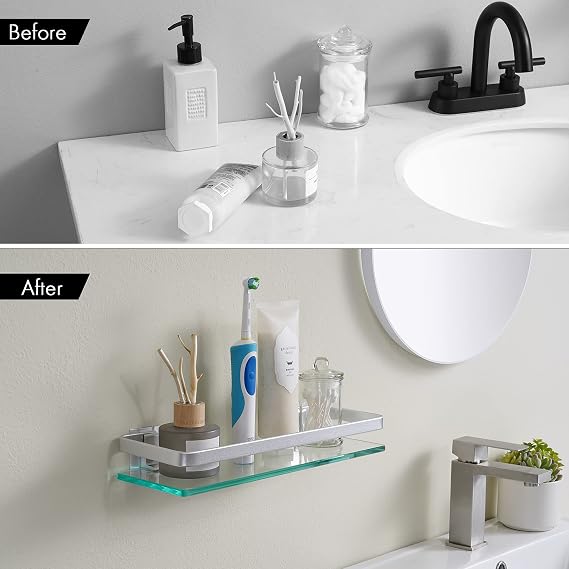 KES Glass Bathroom Shelf Wall Mounted Aluminum Shower Glass Shelf 8MM Extra-Thick Tempered Glass Rectangular Silver, A4126A