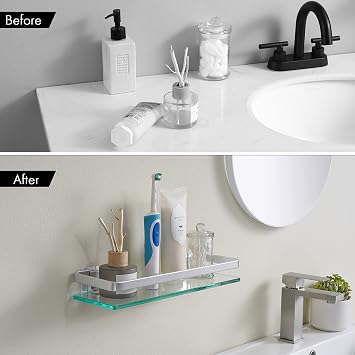 KES Glass Bathroom Shelf Wall Mounted Aluminum Shower Glass Shelf 8MM Extra-Thick Tempered Glass Rectangular Silver, A4126A