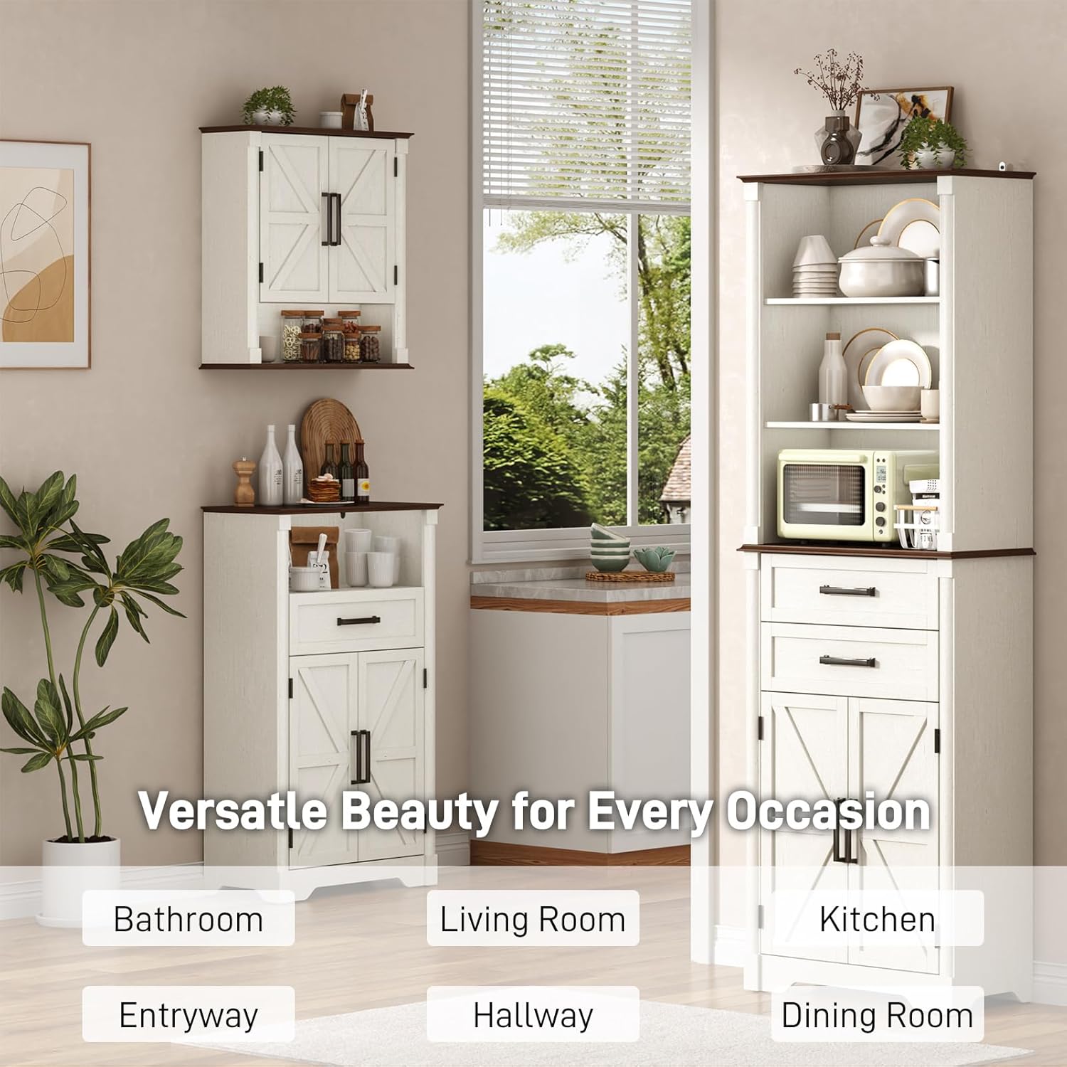 jiteentarou Farmhouse Bathroom Storage Cabinet,Bathroom Floor Storage Cabinet with Roman Column Decor,Small End Table with Barn Doors,Small Bathrooms Organizer(Rustic White)