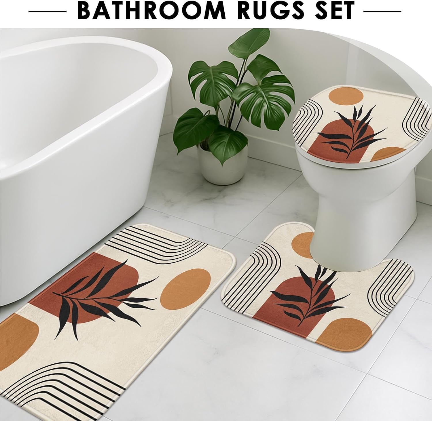 ArtSocket Boho Bathroom Set with Shower Curtain and Rugs Accessories, Mid Century Sun Brown Leaves Modern Shower Curtain for Bathroom Decor 4 Pcs