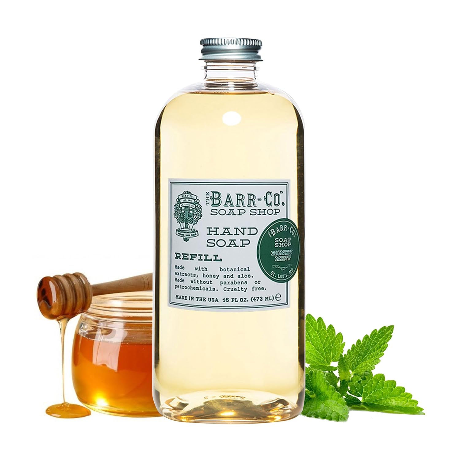 BARR-CO. Soap Shop Honey Mint Hand Soap Refill – Natural, Moisturizing Liquid Soap for Bathroom & Kitchen, Vegan Formula with Herbaceous Mint, Tea & Honey Scent, 16fl oz