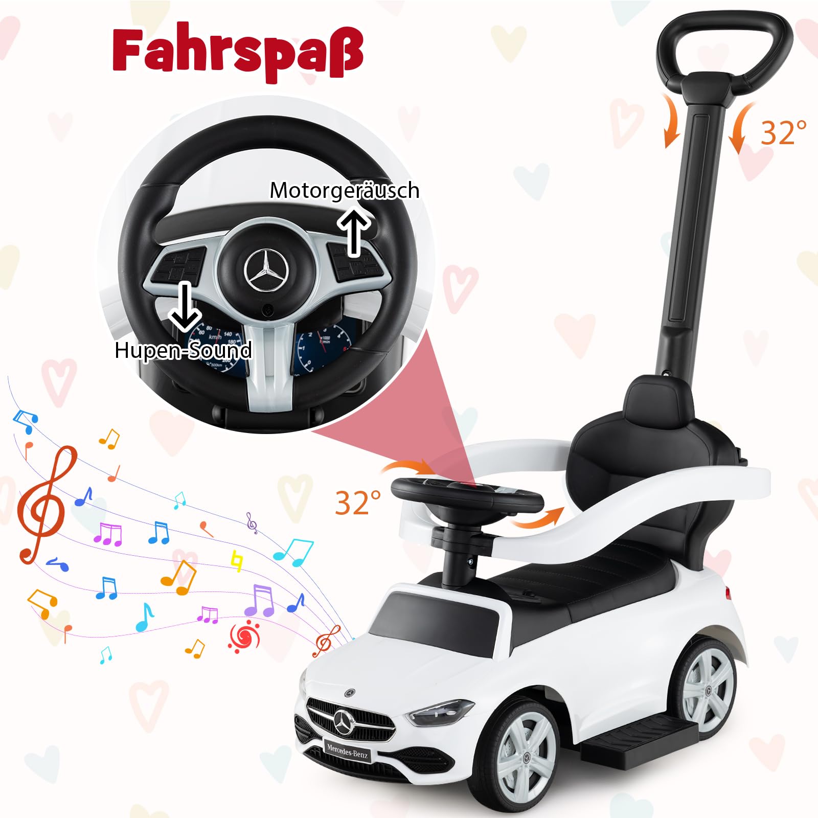 GOPLUS 3 in 1 Schiebeauto, Rutschauto Mercedes-Benz mit verstellbarem Verdeck und Stauraum unter dem Sitz, Rutschfahrzeug mit realistischen Geräuschen für Kinder von 18–36 Monaten (Weiß)