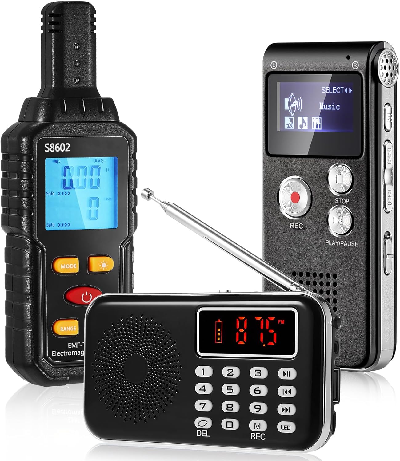 3 Pcs Ghost Hunting Equipment Kit Includes 1 Pcs 8GB Audio Recorder 1 Pcs Emf Detector Emf Meter Magnetic Field Detector 1 Pcs Fm Radio EVP Recorder for Paranormal Research (Emf Meter1)