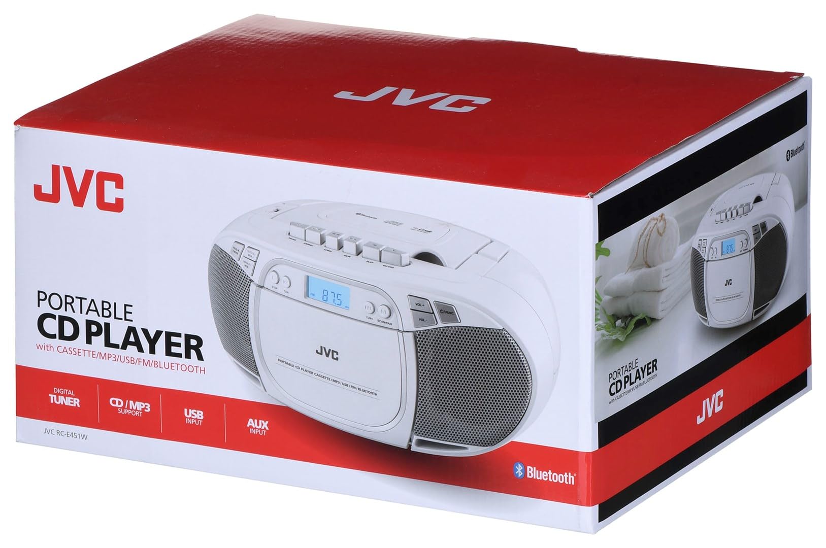 JVC Boombox RC-E451W - Lettore radio CD portatile con Bluetooth, sintonizzatore FM, USB e AUX, riproduzione MP3, CD-R/CD-RW, 3,2 W stereo, display LCD, compatto e leggero