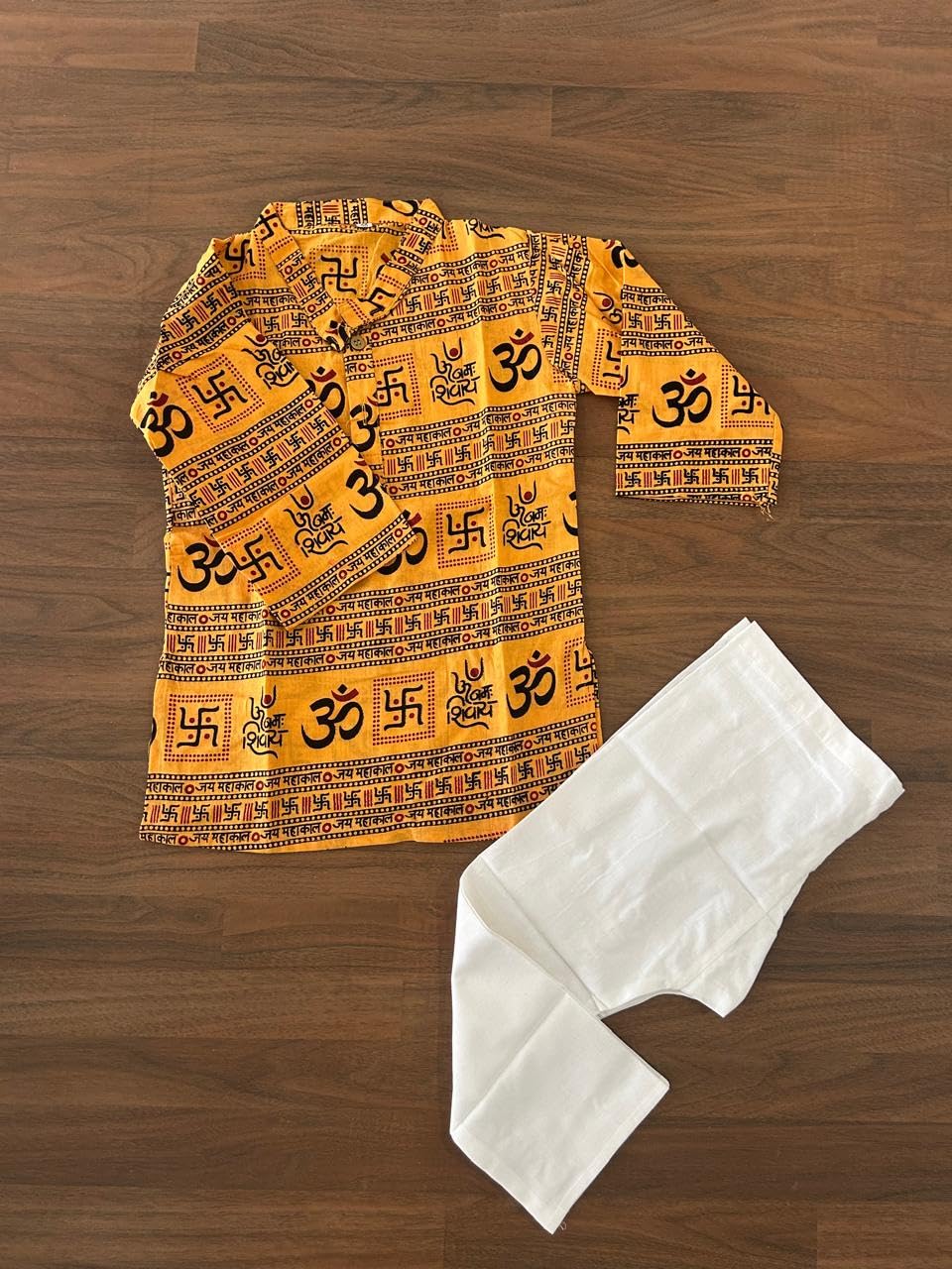 NiAK Om Print Cotton Kurta Pyjama Set, Traditional Indian Ethnic Wear with White Pyjama, Festival Casual Wear (Yellow, 1-2 Years) 1