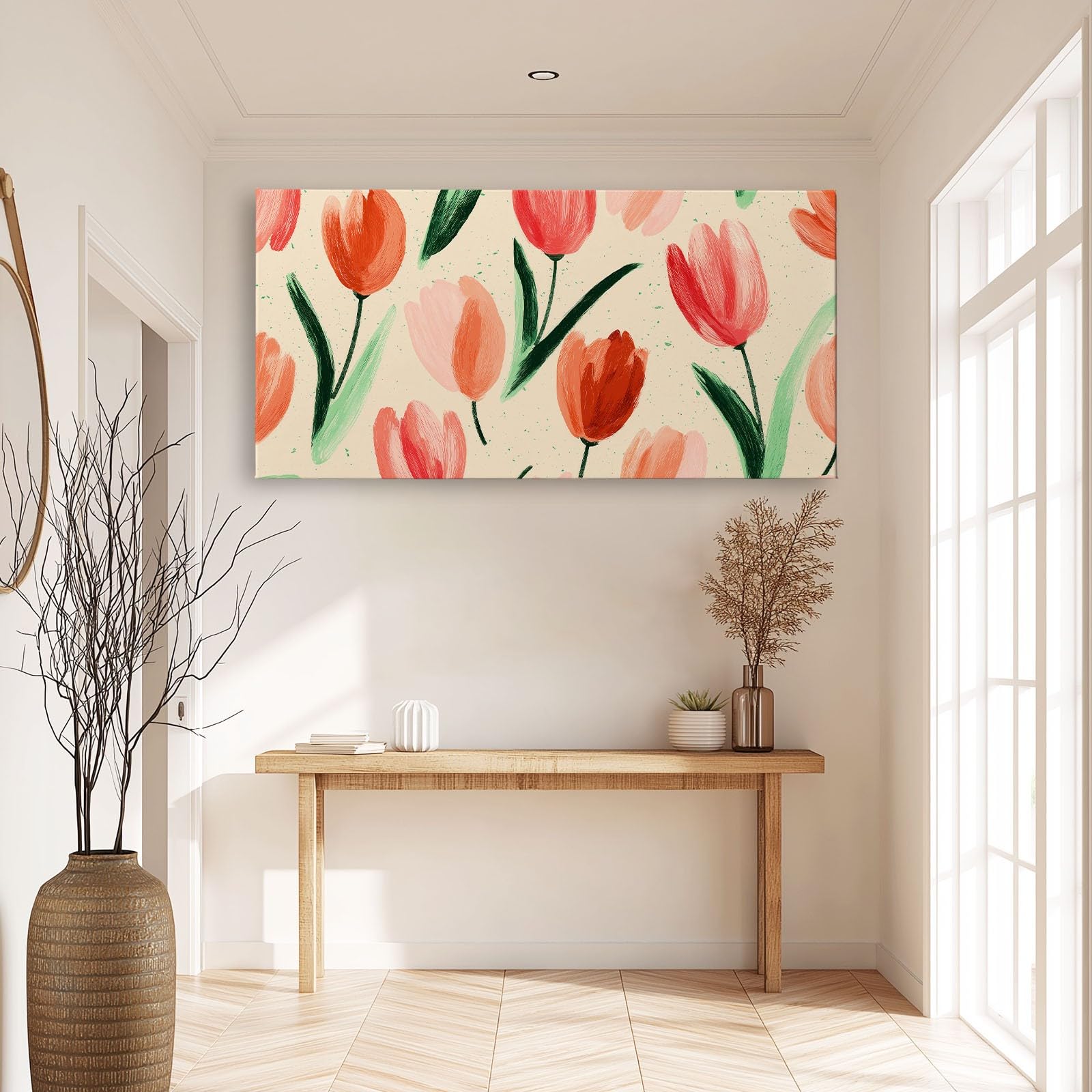 Generisch Verträumt Aquarell Botanisch Tulpe Modernes Leinwandbild 140L x 70B cm mit Rahmen, Vintage Stil XXL Wanddeko für Wohnzimmer Geschenk Idee Einzug - Hochwertiger Kunstdruck auf Holzrahmen