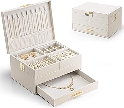 Vlando Large Capacity 3 Tier Jewelry Box with Drawer Tray Rotatable for Necklaces, Rings, Earrings, Bracelets, Jewelry Organizer, Accessory Storage, Present, Birthday, Women (Ivory)