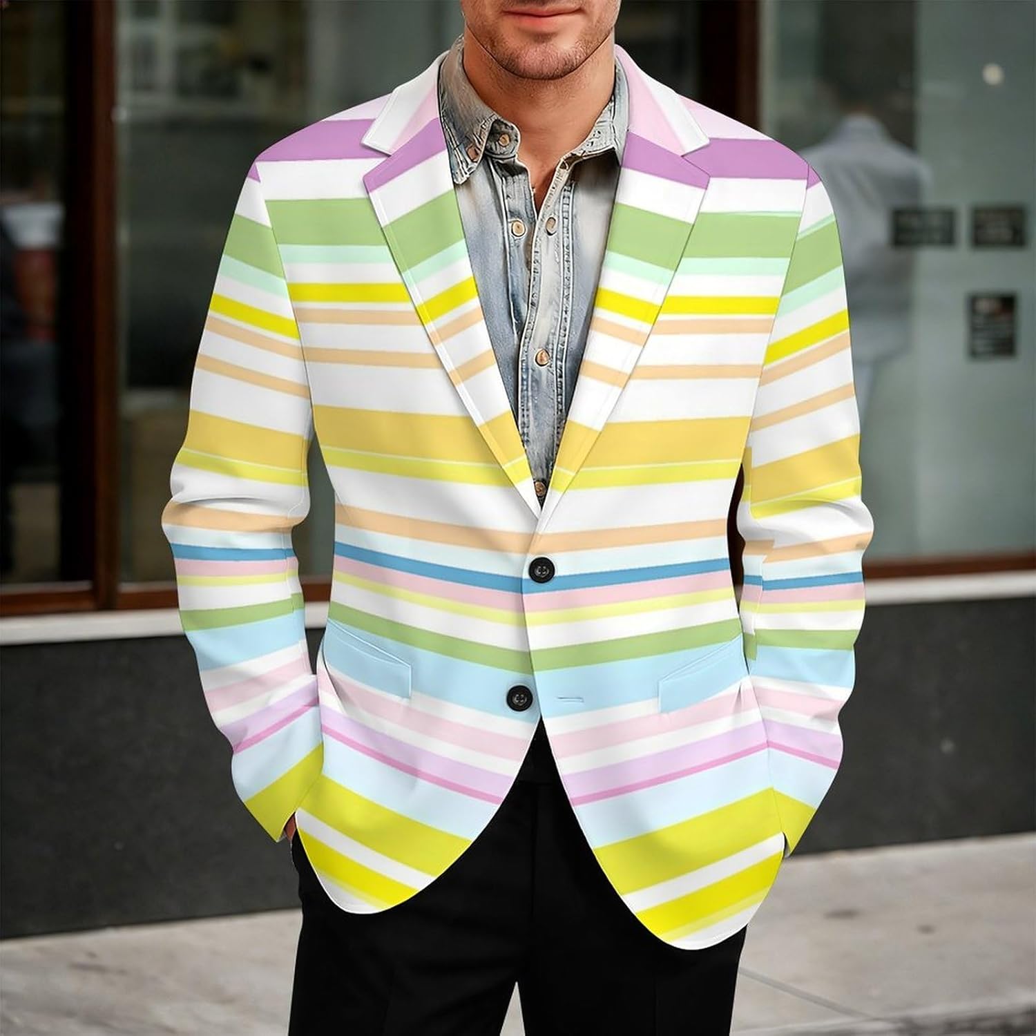Horizontal Stripes Suits Blazer for Men Two Buttons Business Jacket Coat Wedding Dinner Party