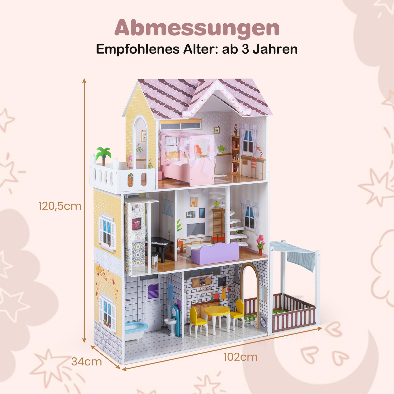 COSTWAY Drewniany domek dla lalek, domek dla lalek z balkonem i tarasem, willa dla lalek, 3 piętra z 16 meblami, duża wymarzona willa 102 x 34 x 120,5 cm, dla dziewcząt i chłopców od 3 lat