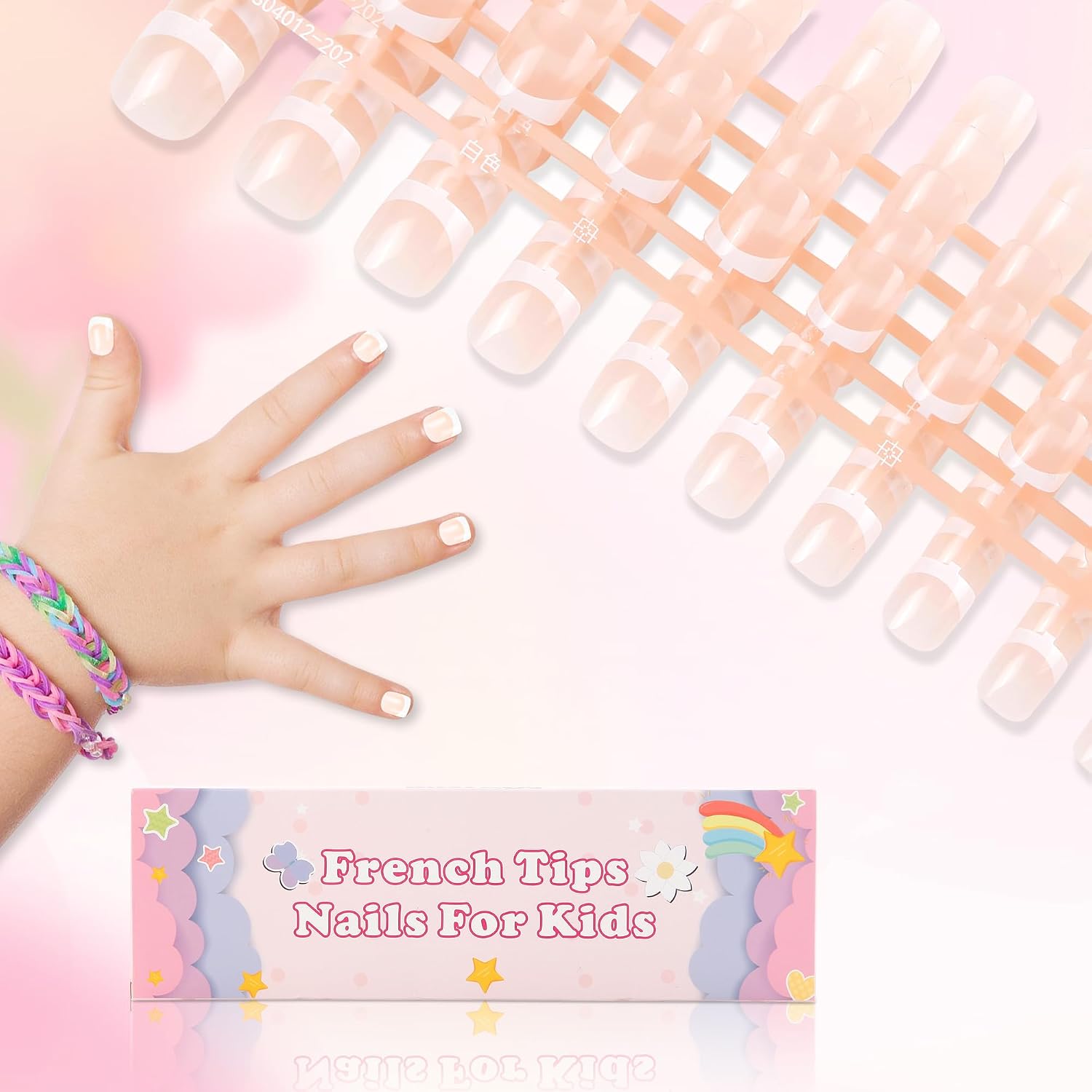 120pcs 5 Pack Kids Fake Nails Press on Full Cover Classic French Short False Nail for Kids Art Kits Set, Nude French