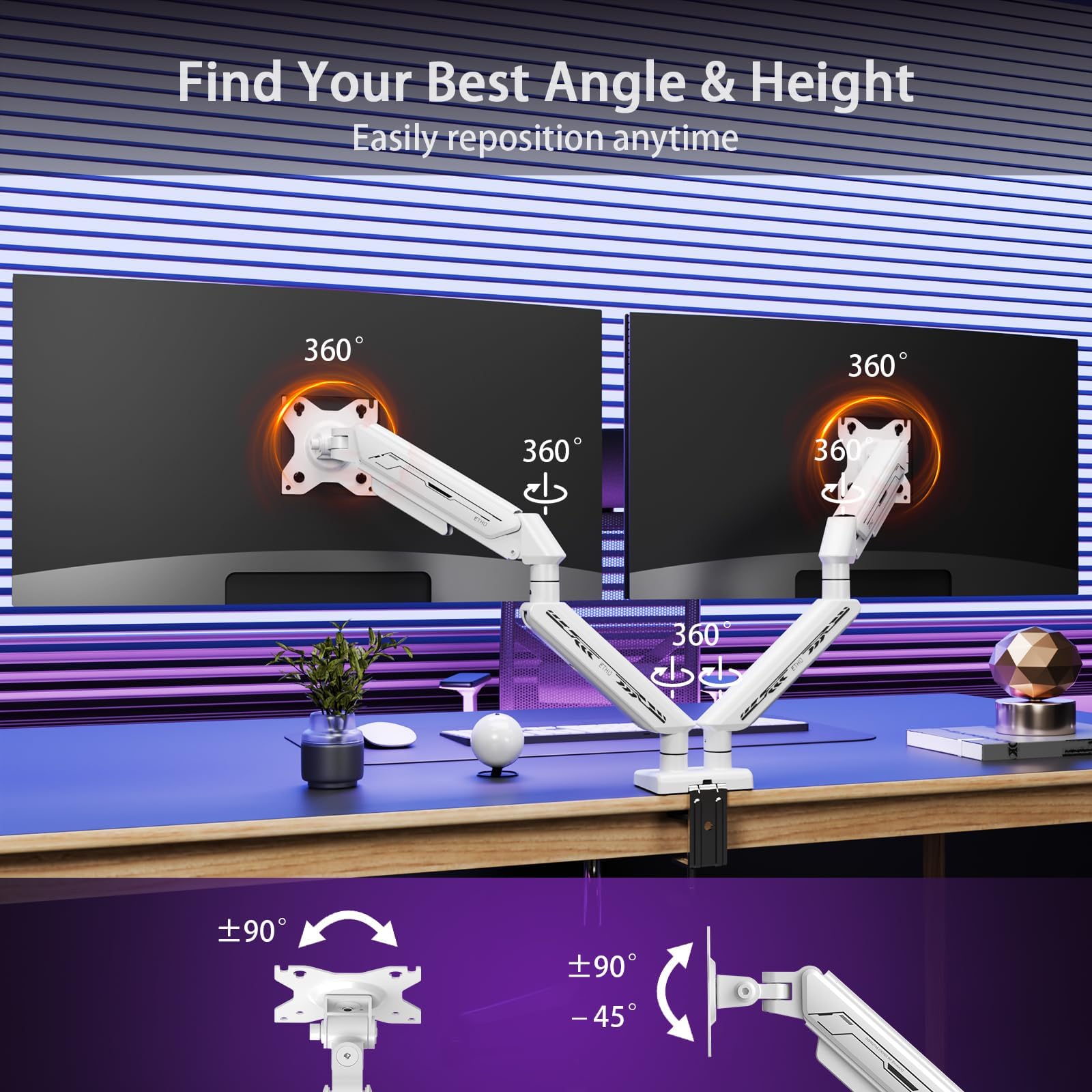 ETHU Dual Monitor Halterung Schreibtischhalterung für 13-32 Zoll Monitore (2-9 kg), Höhenverstellbar mit Neigbar, Schwenkbar, Drehbar, Gasfeder- Bildschirmhalterung 2 Monitor VESA 75 & 100 (Weiße)
