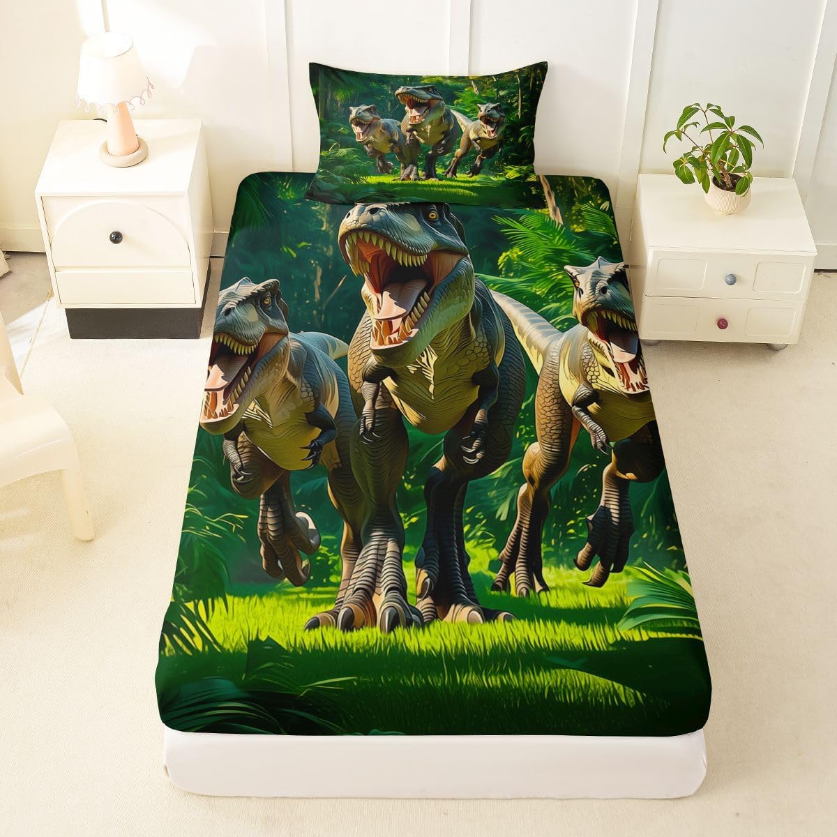 Castle Fairy Cartoon Dinosaur Fitted Sheet Twin Size Colorful Star Planet Bedding Set for Kids Bedroom Starry Galaxy Universe Bed Sheet Set 2pcs Kawaii Animal Deep Pocket Mattress Cover,No Top Flat