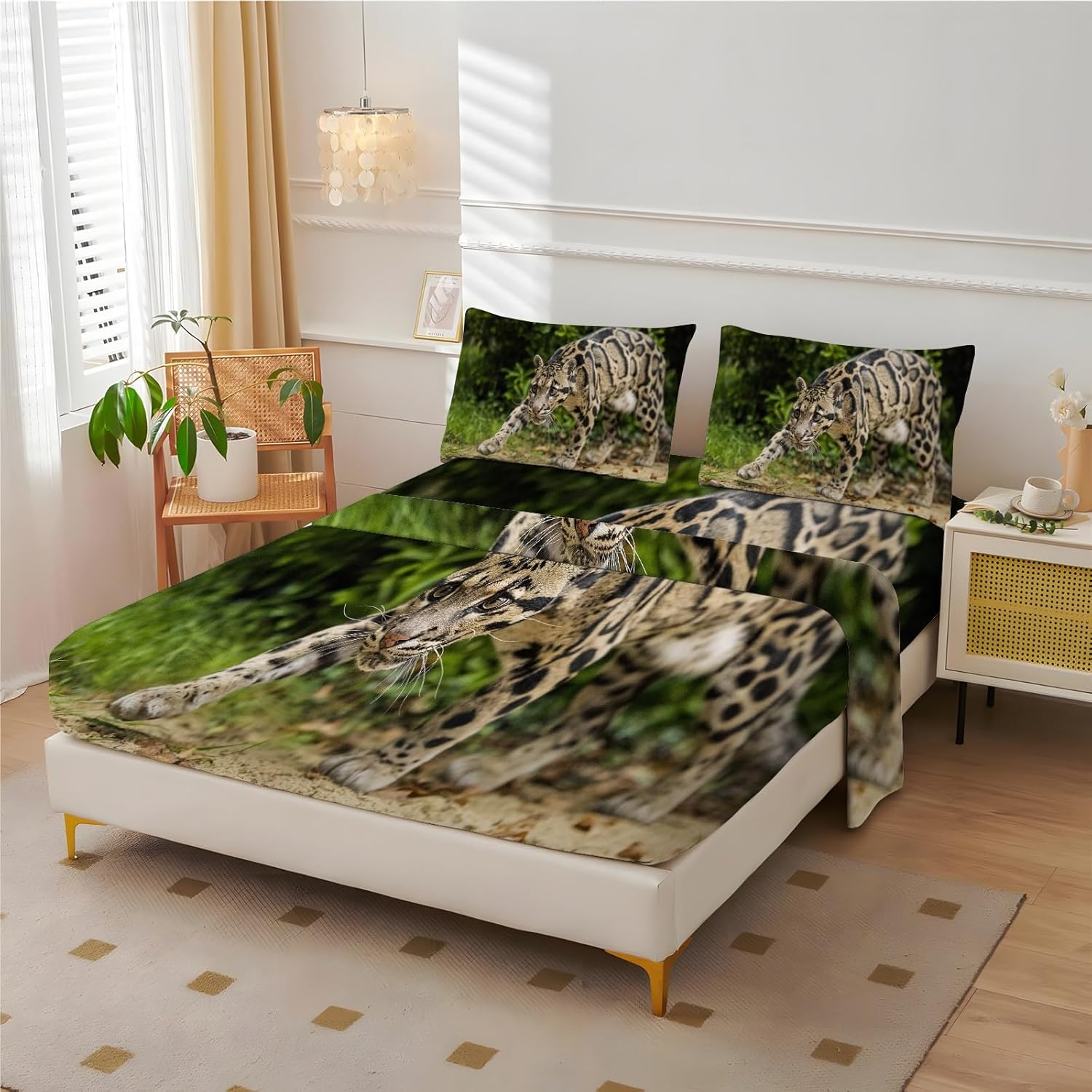 Leopard Cat Sheets Queen Size - Wildlife Bed Sheets, Soft Microfiber & Deep Pocket & Wrinkle Free Patterned Bedding Sheets & Pillowcases, 4 Piece (Fitted Sheet, Flat Sheet, Pillow Case)