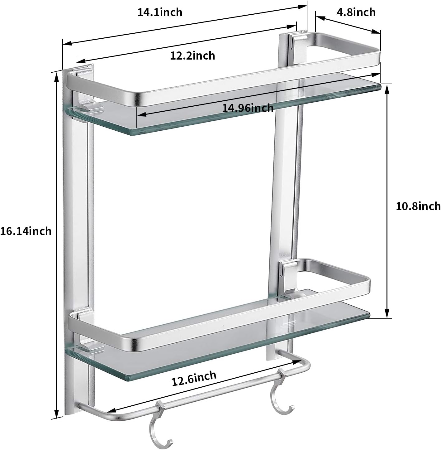 Bathroom Shelving Solution, Bathroom Shelves Wall Mounted, Rectangular Tempered Glass Shelf with Towel Bar, Shower Storage Organizer, Heavy Duty (2 Tier, Silver) : Tools & Home Improvement