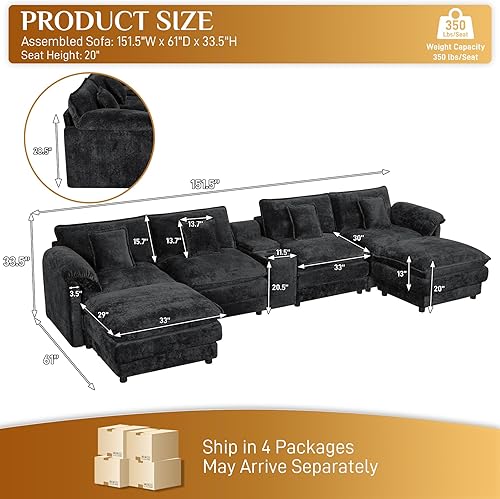 Miniatura 2 de Sofá modular Cloud de 151 pulgadas con 2 otomanas, sofás modulares en forma de U para sala de estar, cómodo sofá modular de felpilla de gran tamaño,