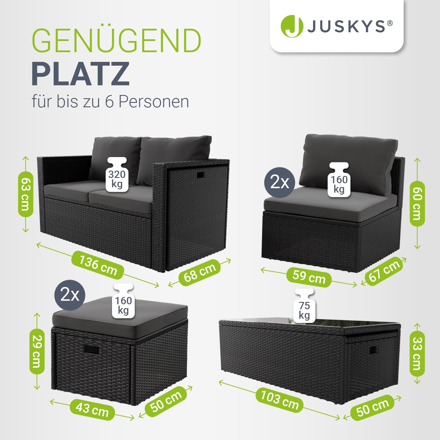 Juskys Polyrattan Gartenmöbel Set Salou - Outdoor Lounge wetterfest 6 Personen - Sitzecke mit Tisch & Kissen für Garten, Balkon, Terrasse - Schwarz