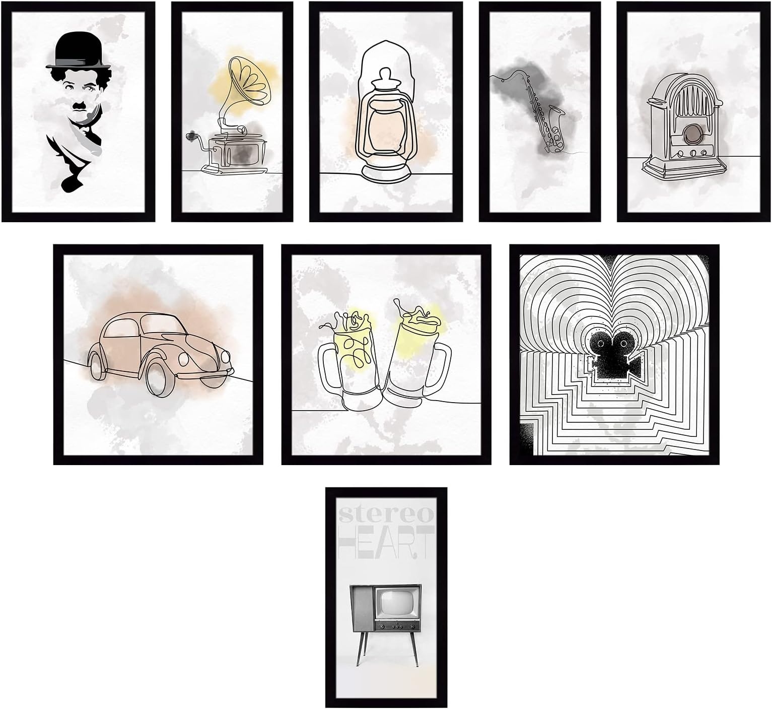 Minimal Abstract And Line Wall Art Collection Of 90s Vintage And Nostalgic With Frame | Perfect for Home and Office Decor | in Different Sizes (10 - SET OF - 9 (ALL))