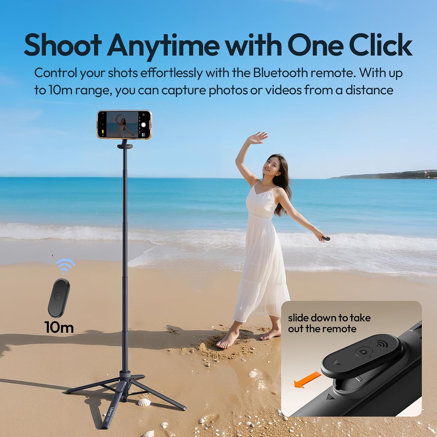 ULANZI MT85 with Bluetooth remote control and phone on tripod