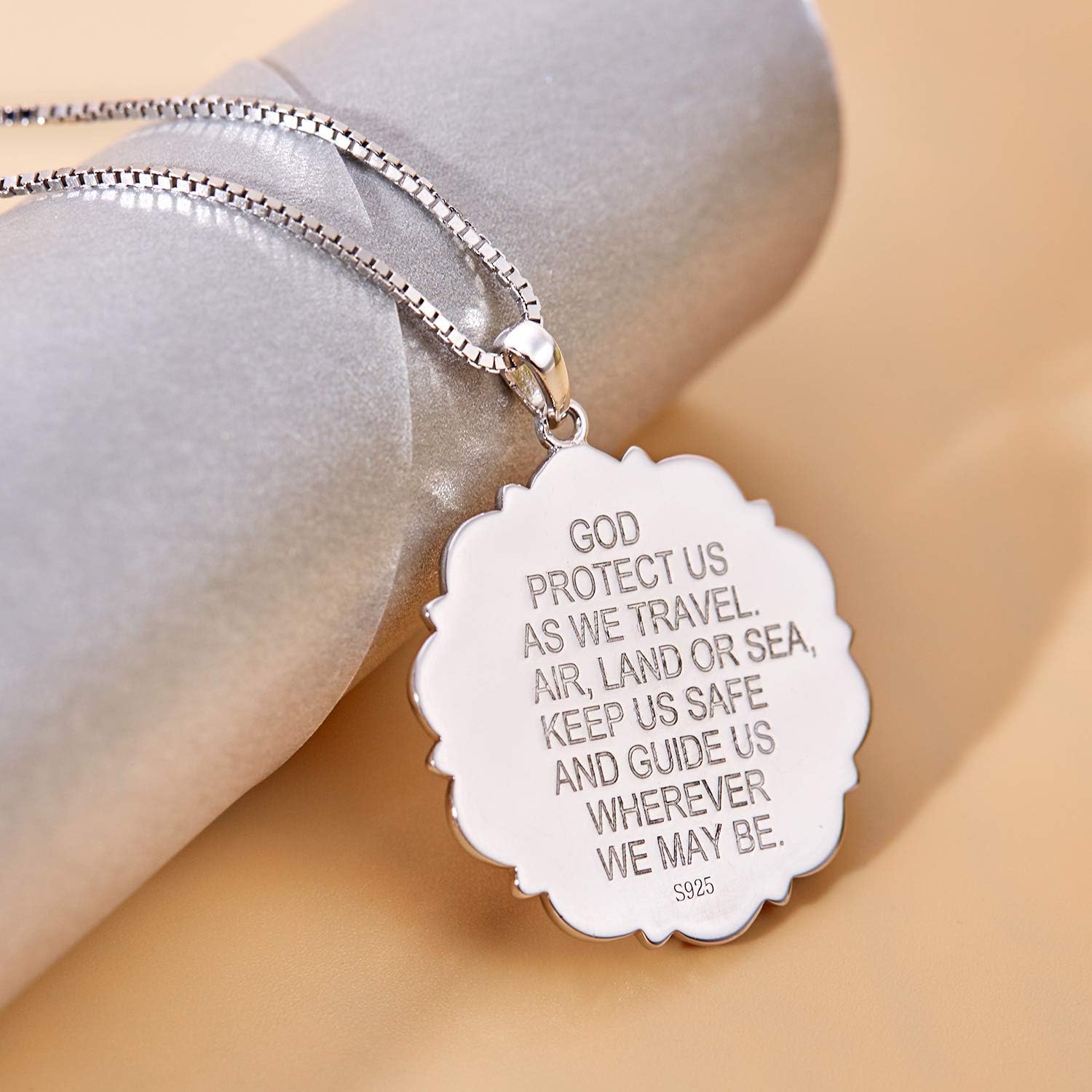 YL St Christopher Necklace Solid 925 Sterling Sliver Engraved Pendant Round Religious Talisman Jewelry for Women - Image 5