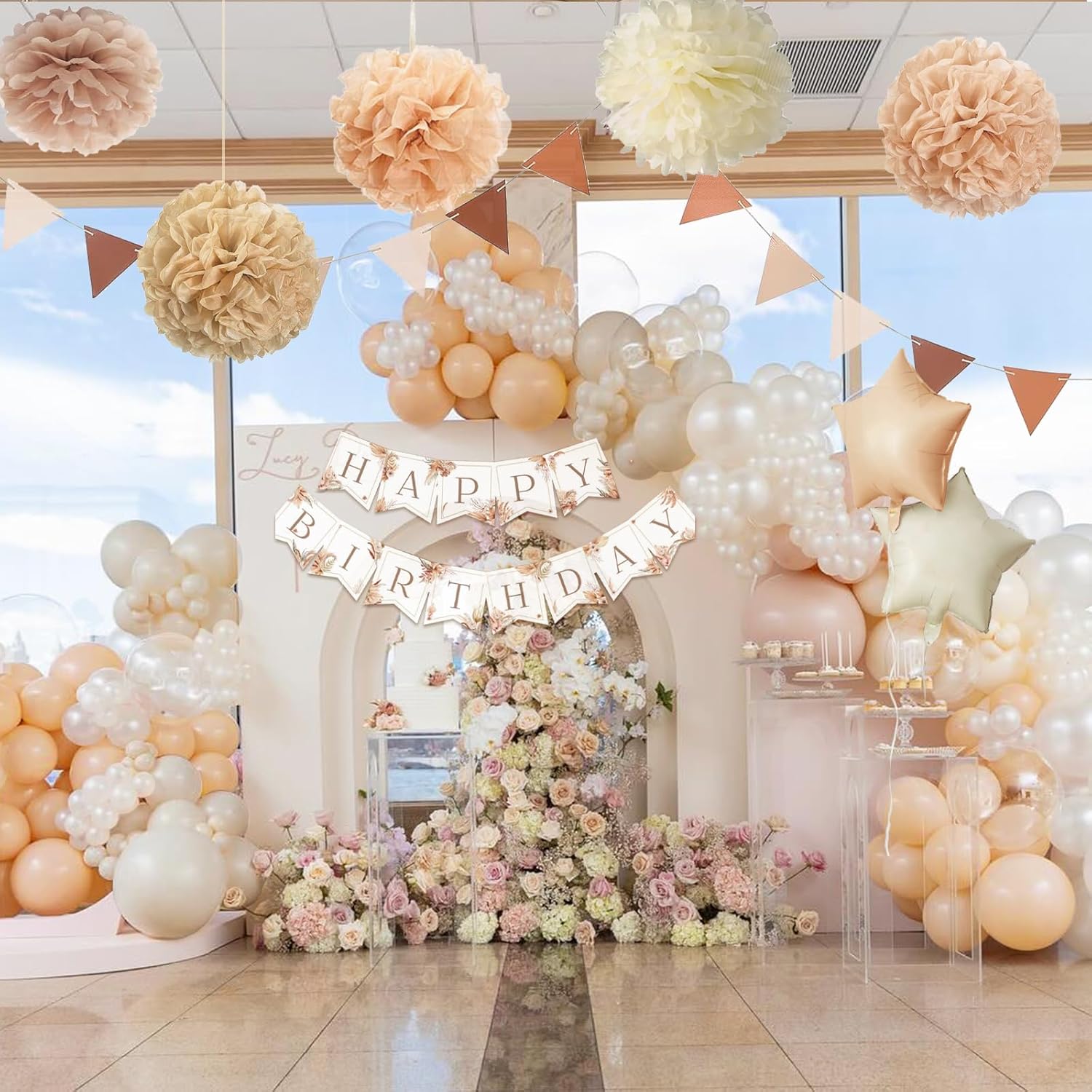 Birthday Decorations for Women - Beige Cream Neutral Balloons, Happy Birthday Decorations for Girls, Boho Party Banner - Image 5