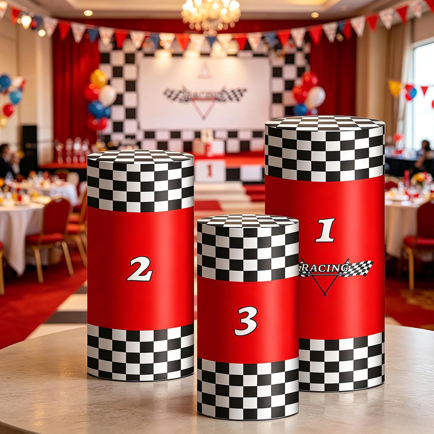 3Pcs Large Racing Car Party Spandex Cylinder Stand Covers,Podium Design Style Cylinder Pedestal Covers for Race Car Birthday Decor Truck Theme Race Car Podium Centerpiece Decorations image 5