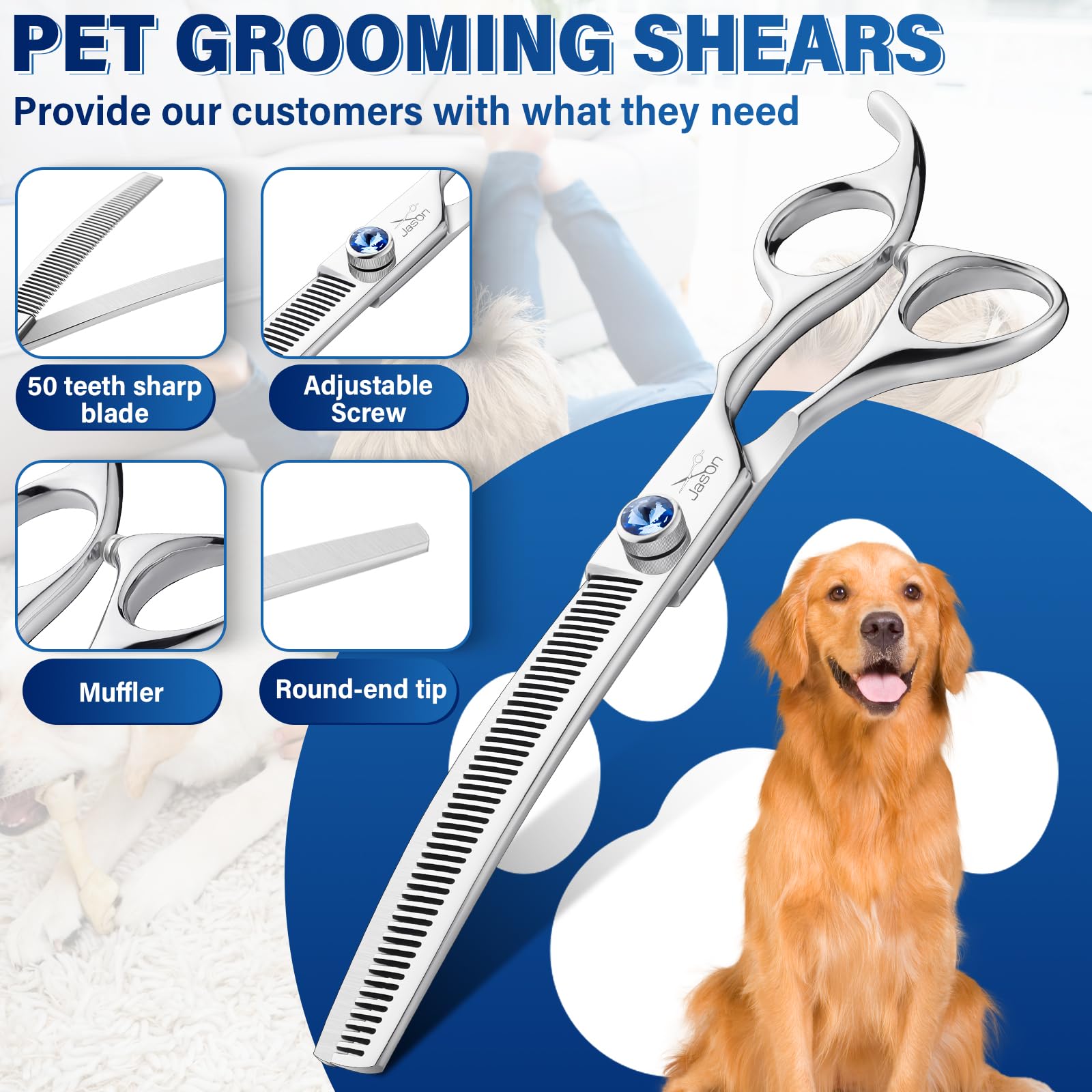 JASON 7” Forbici Sfoltitrici per Cani - Forbici Professionali per Cani, Acciaio Inox Giapponese 440C, Forbici da Toelettatura Professionali per Toelettatura (50 Denti)