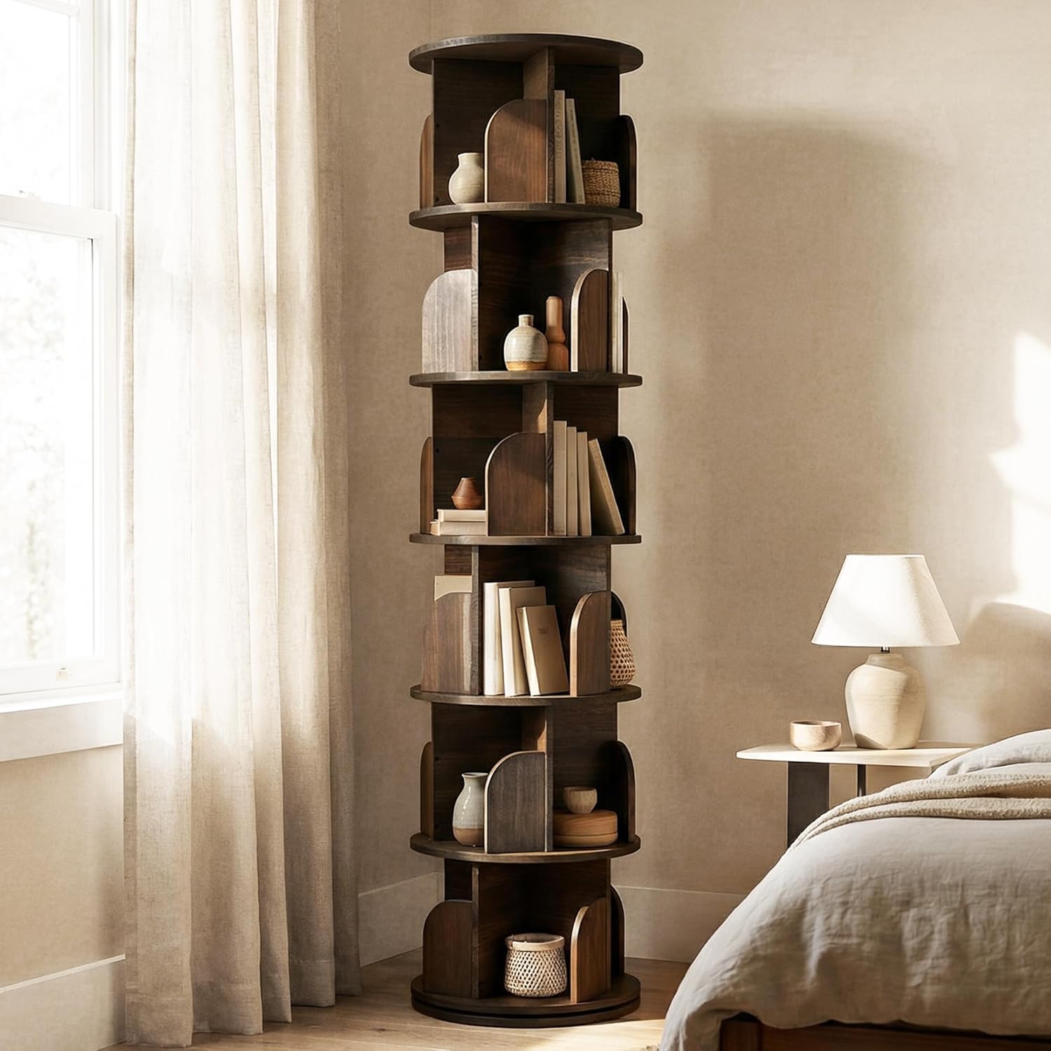 6-Tier Rotating Bookshelf with 18″ Wide Shelves, Solid Wood Bookcase for Living Room, Bedroom & Kids Room, Space-Saving Corner Bookshelf with Lazy Susan Turntable - [Walnut]