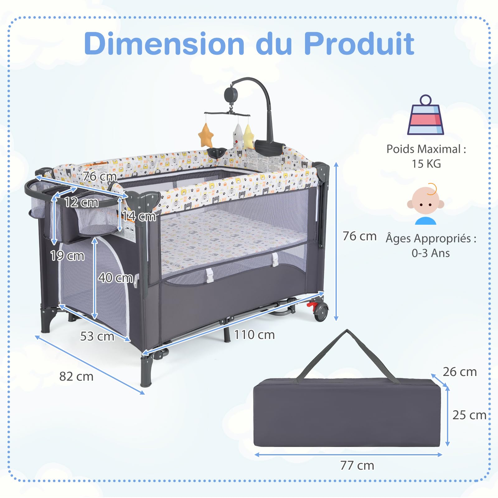 GOPLUS Cuna Lateral a la Cama, con Cambiador, Cojín Suave, Soporte para Juguetes y Espacio de Almacenamiento, Ajustable en Altura, Parque para Bebé de 0-9 Meses con 2 Ruedas y Bolsa (Gris)