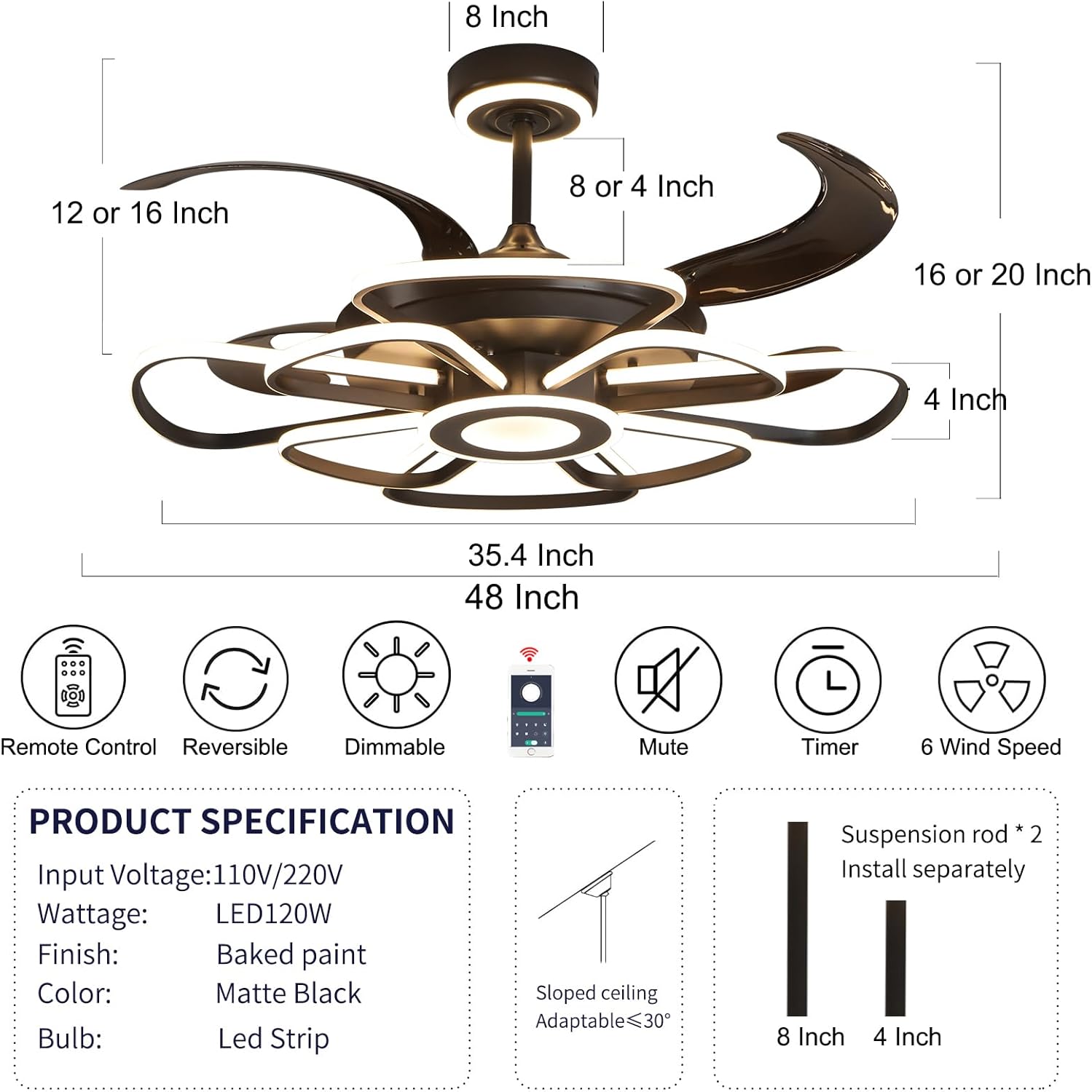 48 Inch Ceiling Fan with Light Chandeliers Fixture Dimmable with Remote Control DC Motor 6 Speeds Fans, Retractable Blades Fandelier for Living Room Bedroom Office Study Room (Black)