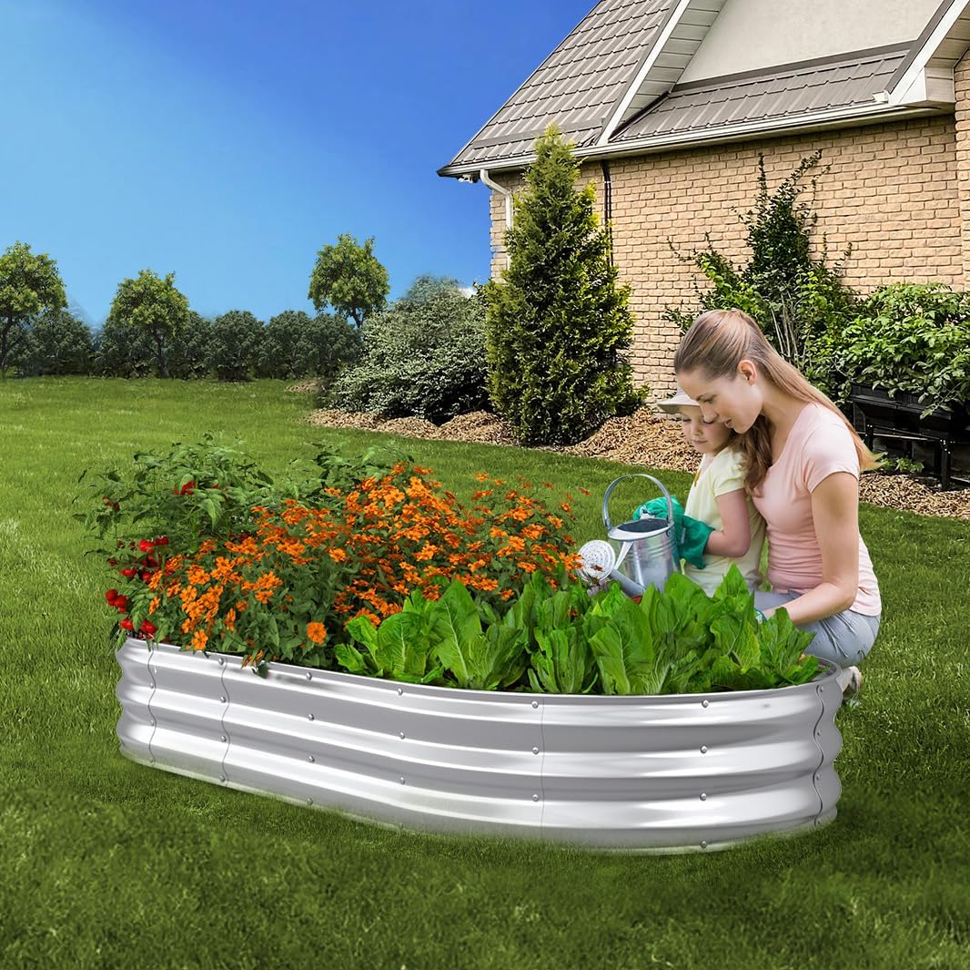 Raised Garden Bed, 6x3x1ft Galvanized Outdoor Planter Beds with Safety Edging and Gloves, Oval Metal Planter Box for Gardening Vegetables Flowers Herb-Silver