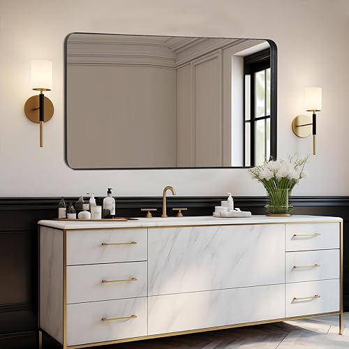 Miniatura 5 de Little kuku Espejo de baño negro, marco de metal de 28 x 55 pulgadas con esquina redondeada, espejo de pared mejorado para baños, entradas, salas de