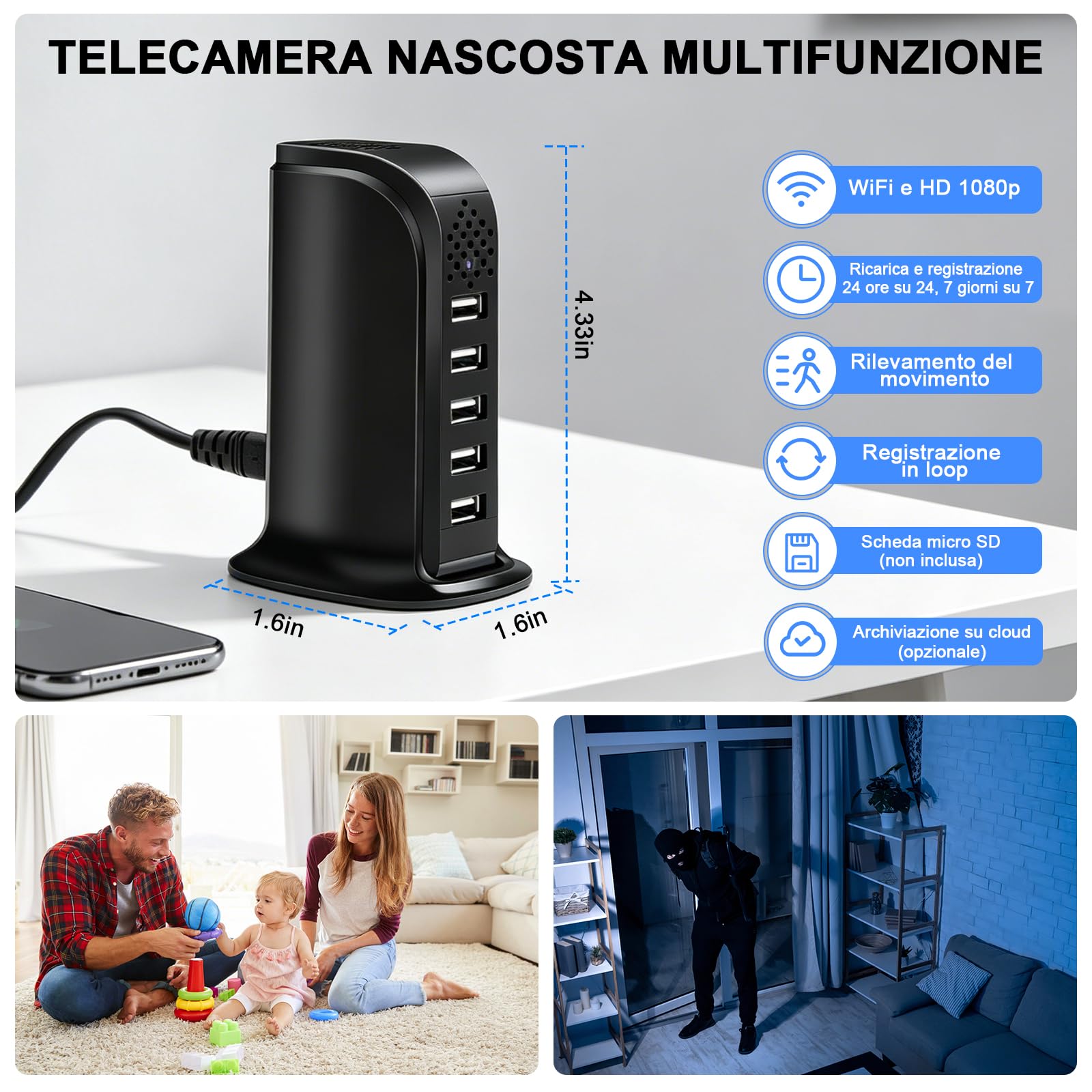 Telecamera Nascosta WiFi 5G, Caricatore USB a 5 Porte con Telecamera Nascosta, Mini Telecamera Spia Nascosta Wi-Fi HD 1080P con Rilevamento del Movimento e Visualizzazione Remota