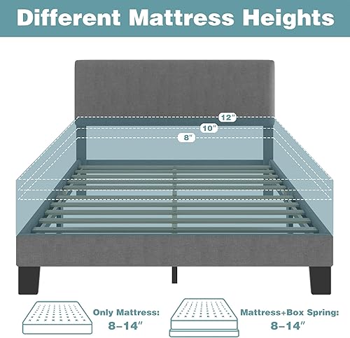 Miniatura 6 de Lifezone Base de cama matrimonial con cabecero, base de cama tapizada de lino con cabecero ajustable, no necesita somier, pies resistentes, base de