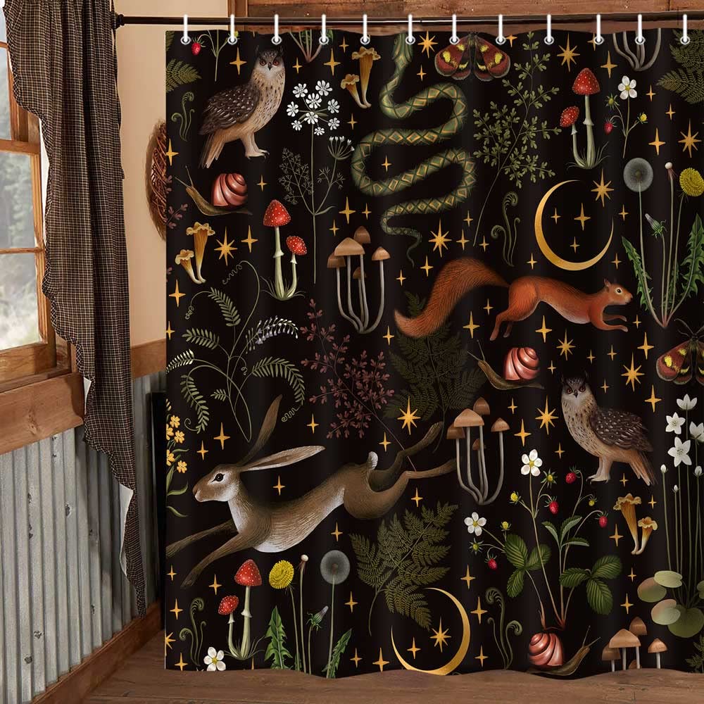 Hjokiupt Rustic Mushroom Fairy Forest Shower Curtain, Hunting Woodland Wild Animals Dark Black Vintage Botanical Bath Curtains, Cabin Lodge Bahtroom