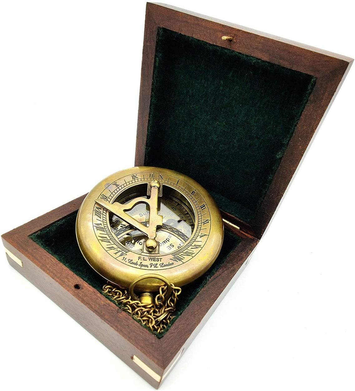 Brown & Red 3" Inch Sundial Brass Compass with Wooden Box Nautical Working Compass Groomsmen Gifts