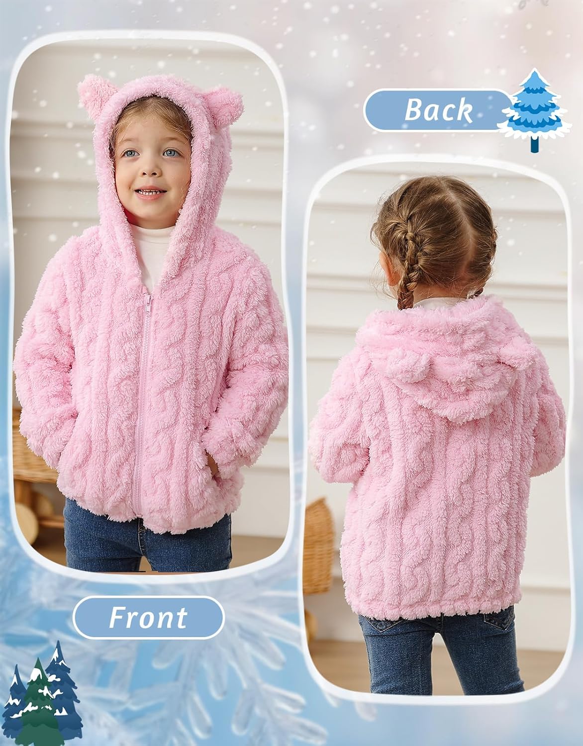 Toddler Fleece Jacket Girls Hooded Zip-up Coat Warm Winter Clothes with Pocket 2-6 Years - Image 2