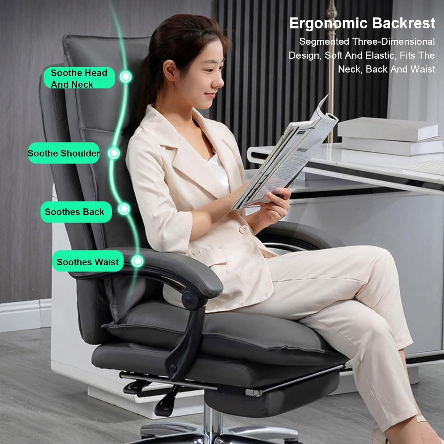Sedia da ufficio in pelle autentica ergonomica con poggiapiedi retrattile che si reclina completamente la sedia del computer executive posteriore per comodi attività di attività per boss girevoli